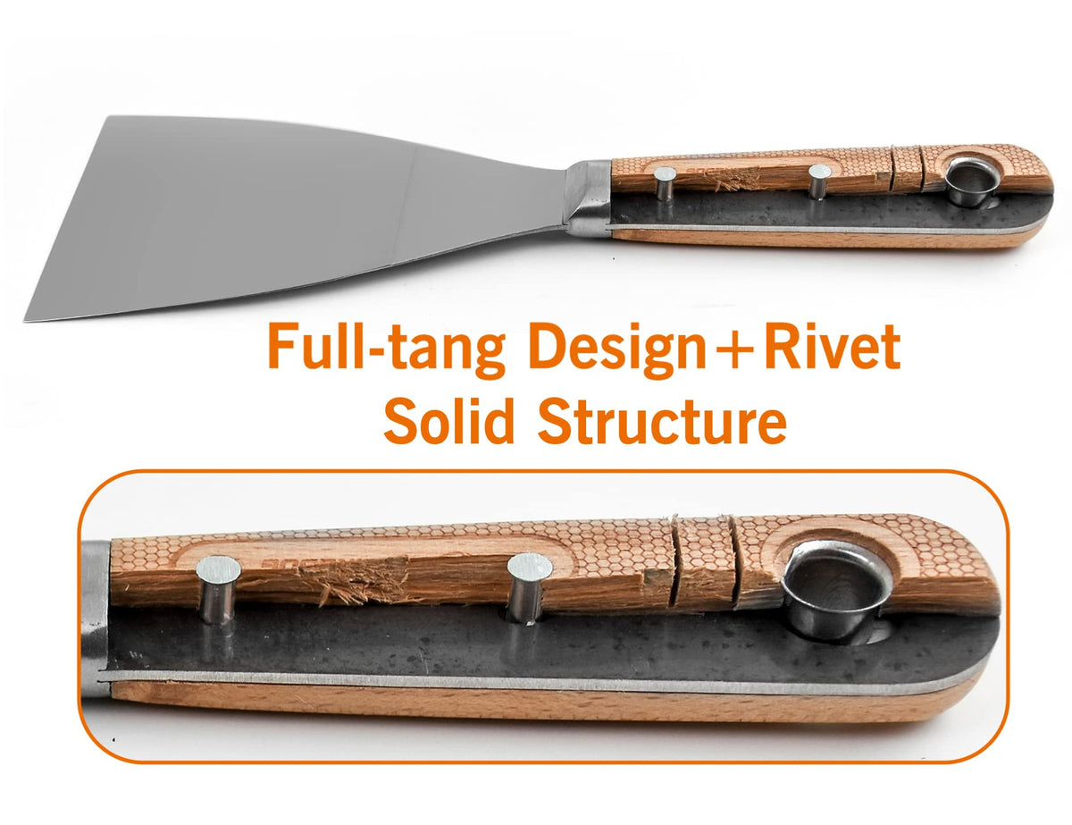 ROLLINGDOG 4PC(1",2",3",4") Putty Knife Scraper Set with Full Tang Ultra Flexible High Tensile Stainless Steel Blade,Perfect for Scraping, Cleaning, Spreading on Drywall Repairs
