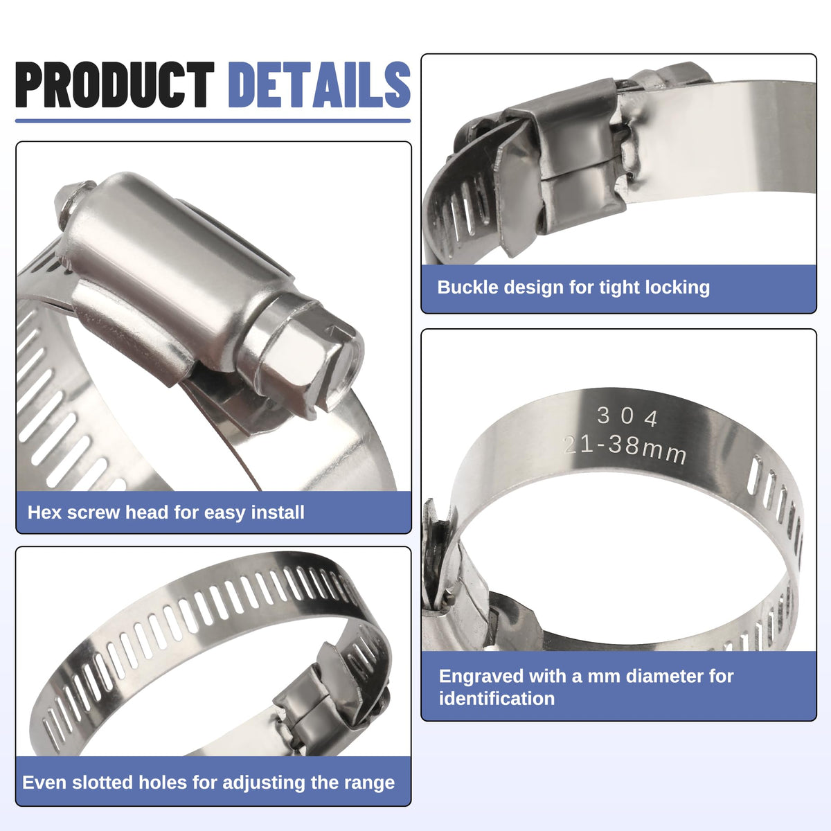 Ailbiuko 200 PCS 304 Stainless Steel Hose Clamp Kit,1/4"-2"(6-51mm)