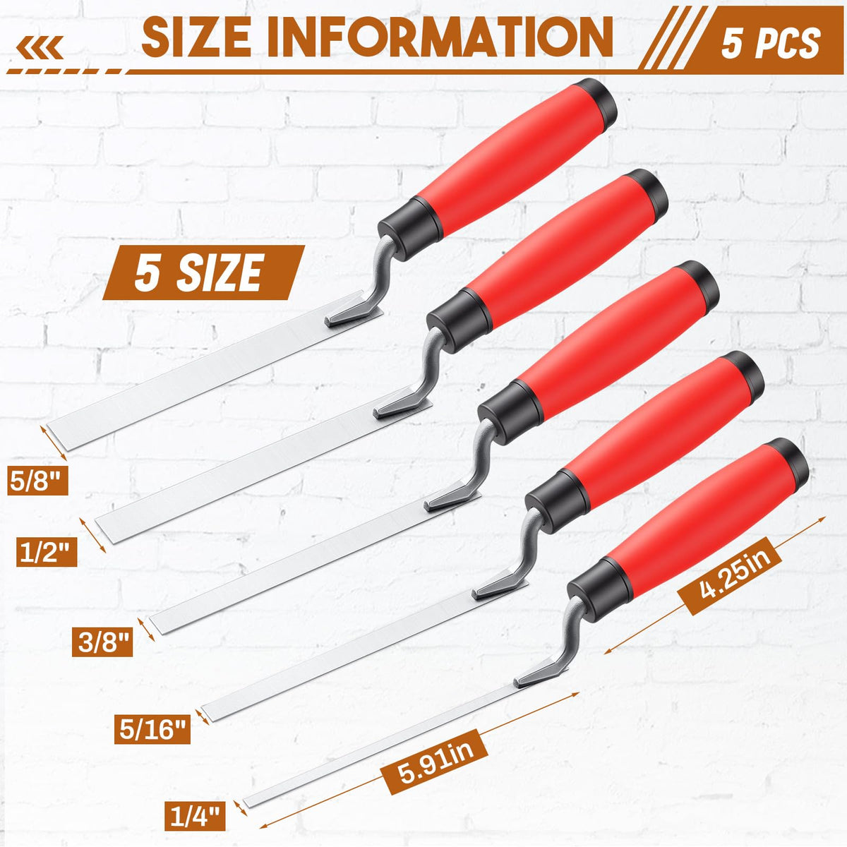 3 Pcs Pointer Trowel, 6-3/4" by 1/4", 3/8", 1/2",Rubber Handle