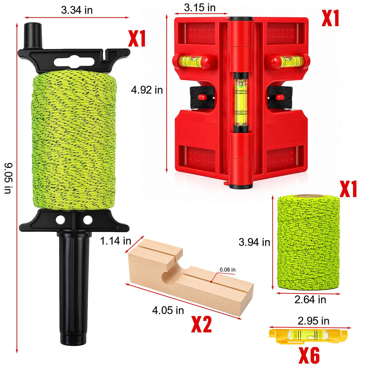 Mason Line String Kit with Adjustable Magnetic Post Level – Includes 6 hanging line levels, 2 rolls 540FT #18 mason line & reel, 2 beech wood blocks. Works on metal & non-metal posts. High visibility.