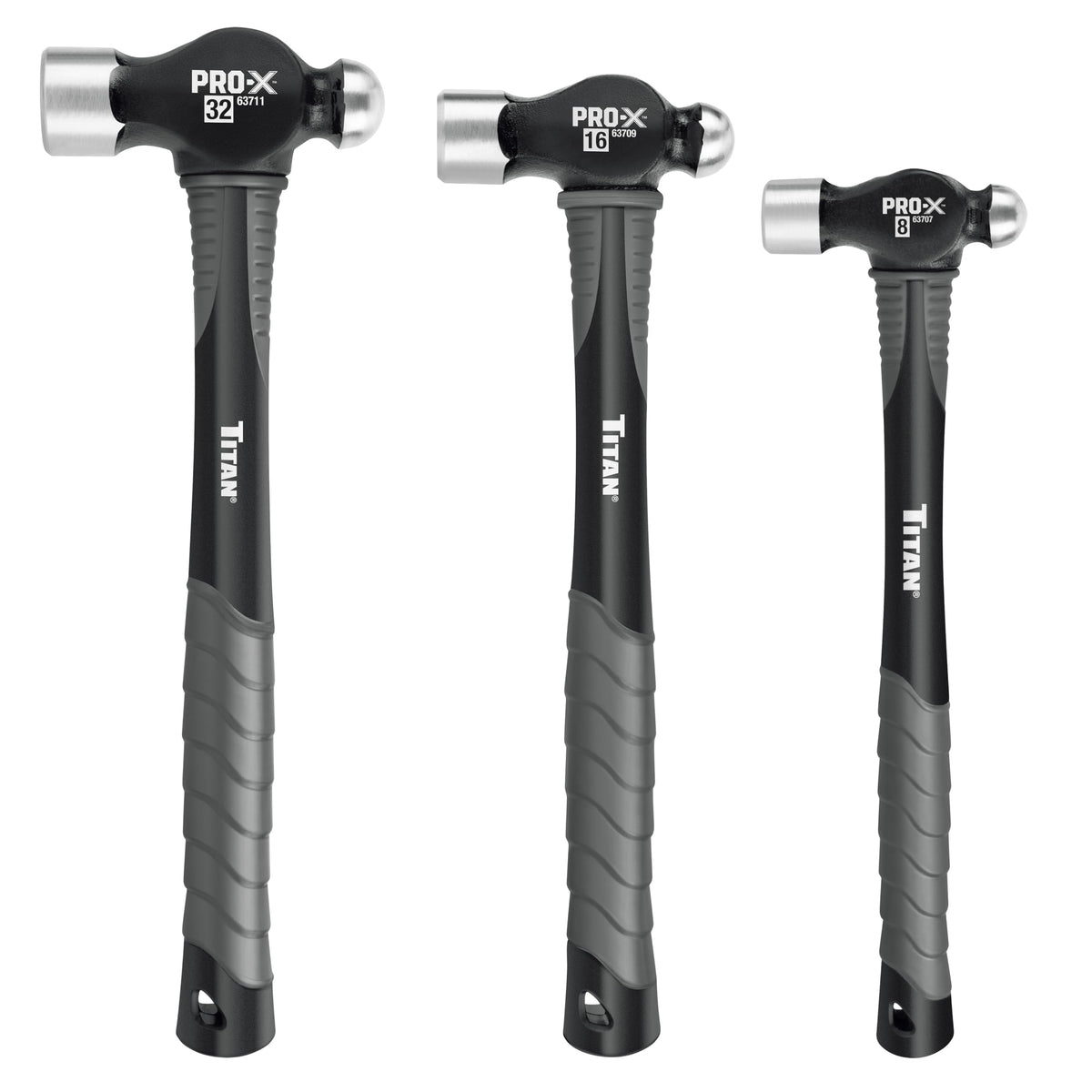 Titan Pro-X 63706 3-Piece Ball Pein Hammer Set, Includes 8oz, 16oz & 32oz Ball Peen, Overstrike Protection, Forged Steel Heads, Shock Absorbing Fiberglass Handles & Textured Grips