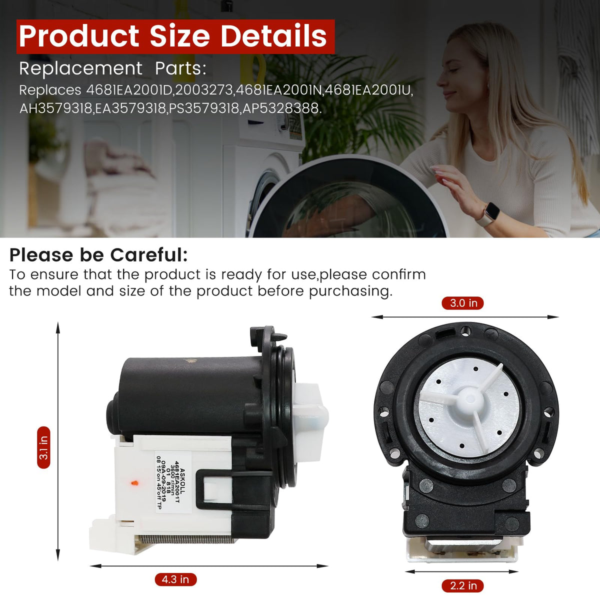 【2026 Upgraded 𝐎.𝐄.𝐌】4681EA2001T WM2455HW WM4370HWA WM3270CW WM3431HS WM3770HVA Washer Drain Pump ASKOLL Motor Replaces KenMore LG M3379-65468 Front load washer drain pump motor by Puxyblue