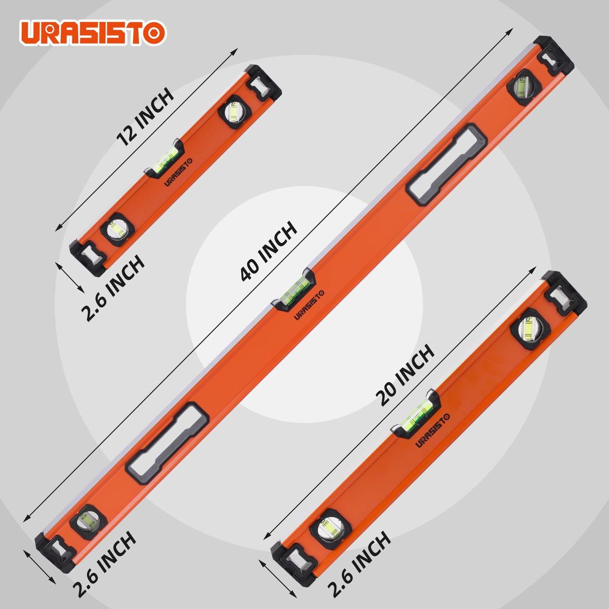 URASISTO 3-Piece Spirit Level Set, 12", 20", 40" Level Set with Magnetic Torpedo Level, 45°/90°/180°Bubbles Measuring, Aluminium Alloy Levels with Carrying Bag