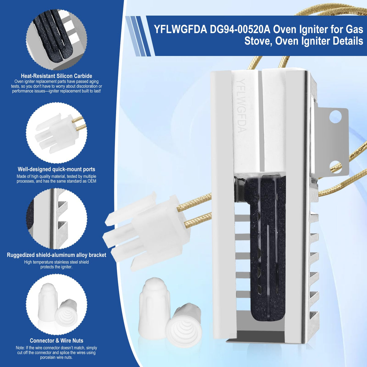 DG94-00520A Oven Igniter for Gas Stove,Oven Igniter for Sam-sung NX58H5600SS Nx58h9500WS,for G-E Whirl-pool Hot-point Sam-sung Gas Oven Igniter,Replace 2692271 AP5577941 WB13K21 Norton 501a 74007498.