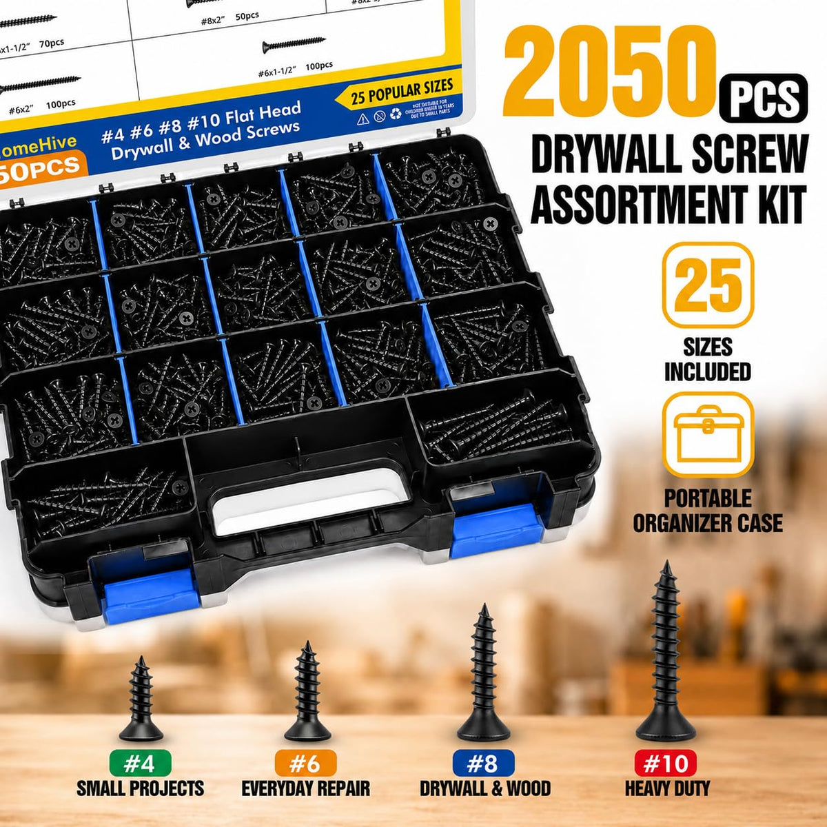 2050PCS Wood Screws Assortment Kit, #4#6#8#10 Flat Head Phillips Wood Screws, 25 Sizes, Assorted Wood Screws for Woodworking, Furniture, Cabinets, DIY & Home Repair