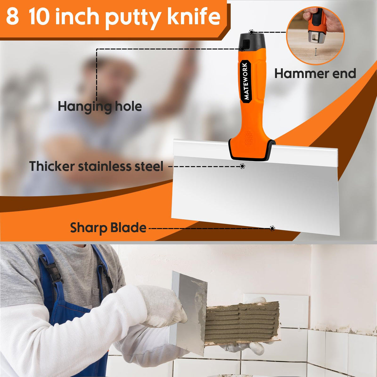 Matework 8Pcs Drywall Tools & Putty Knife Set with Hammer End, Mud Pan