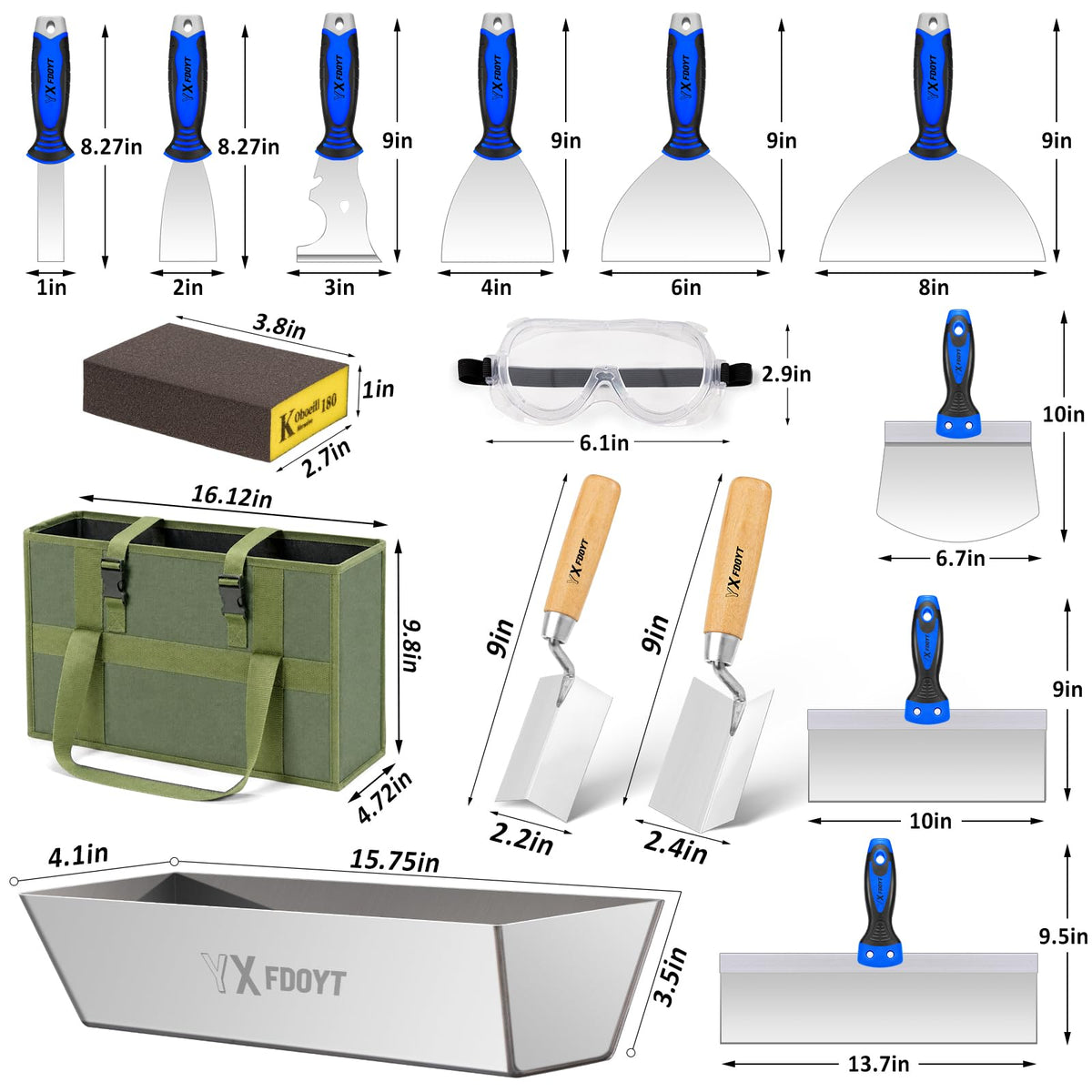 YXFDOYT 16Pcs Drywall Knife Set with 14"Drywall Mud Pan & Bag, Blue