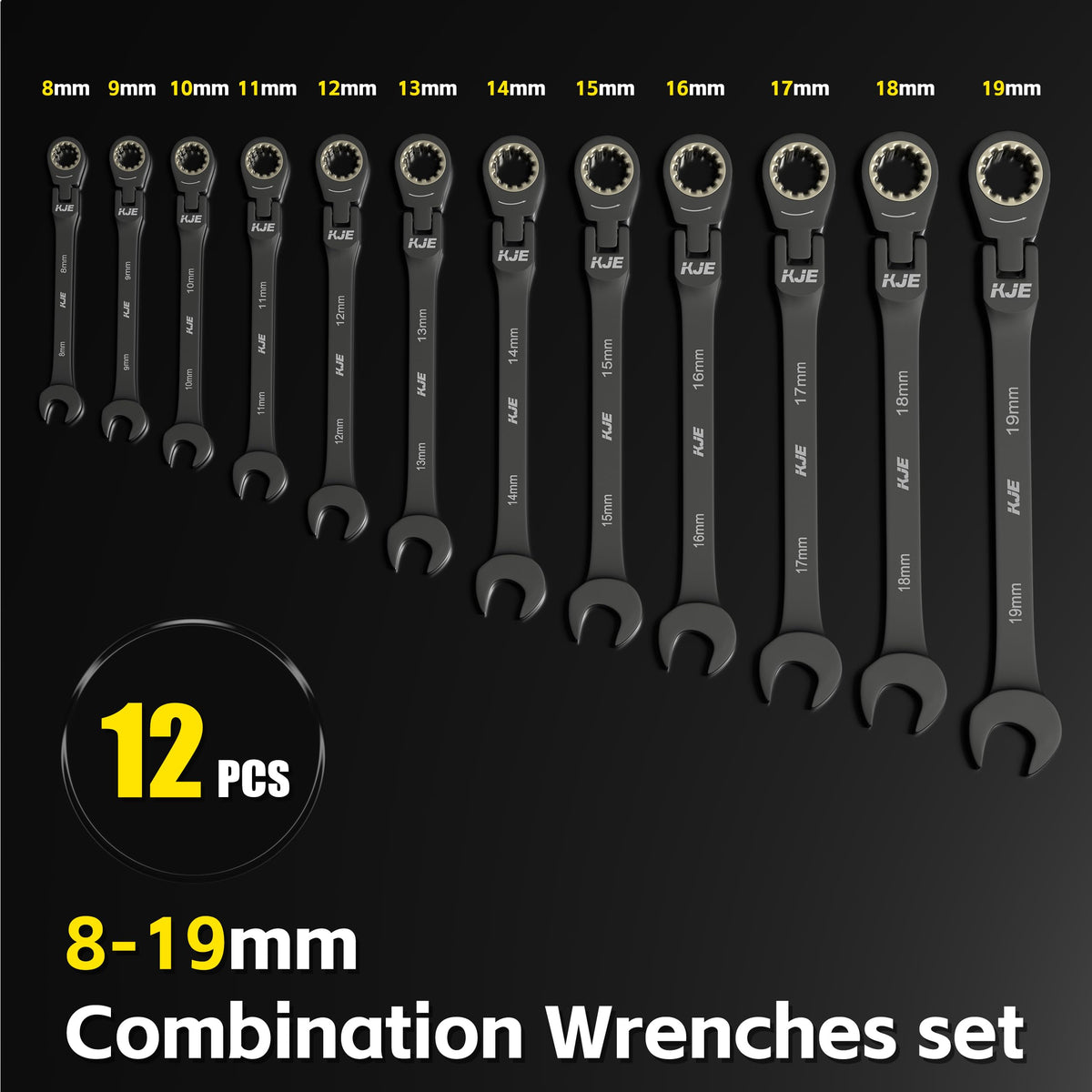 KJE 90-Teeth Metric 180° Flex-Head Ratcheting Wrench Set, Cr-V Steel, 12-Piece Metric 8-19mm Combination Wrenches set, Nickel Plating, with Organizer Bag, for Auto, Machine Repair, Gift