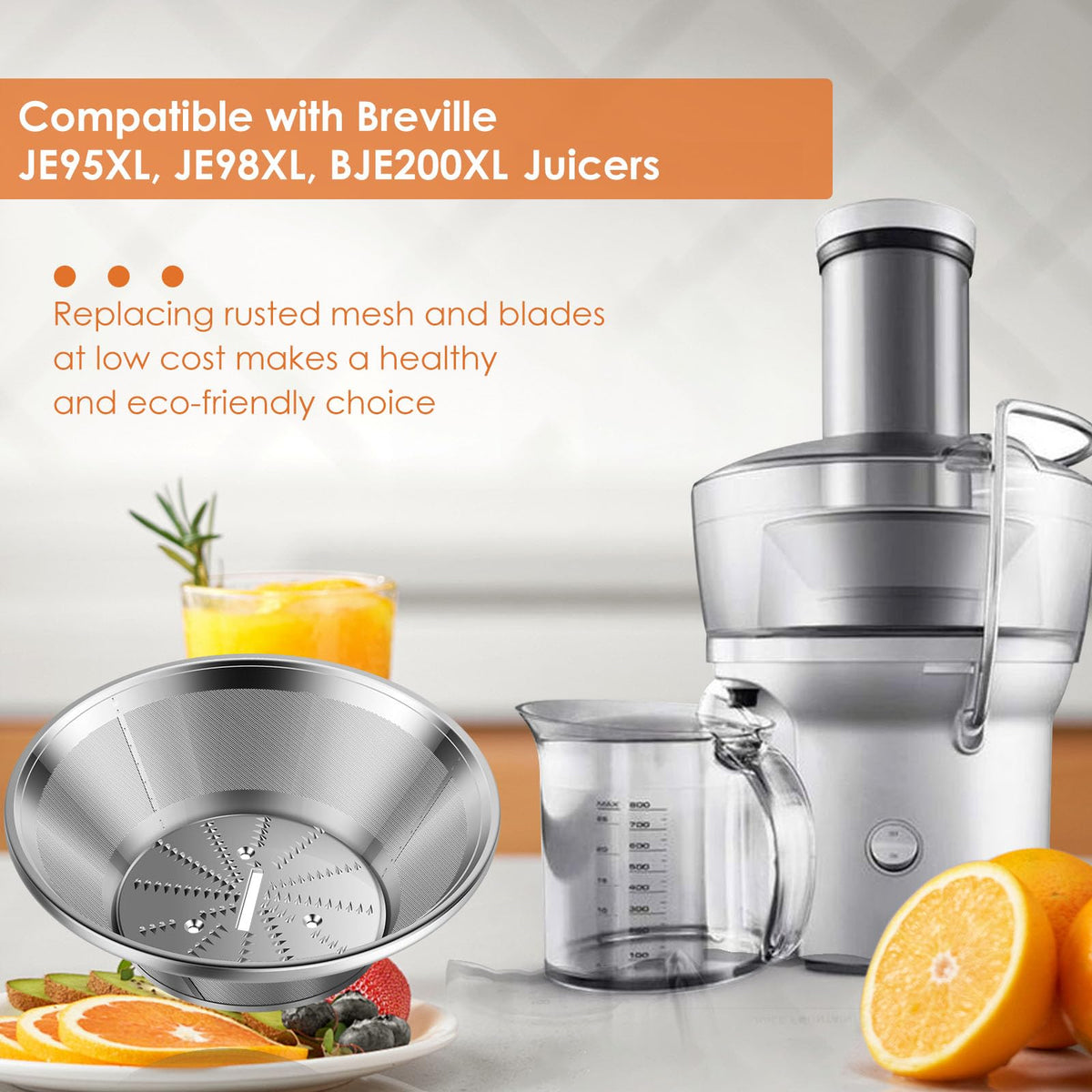 BR-1 Juicer Mesh Filter Basket （No Base）Compatible with Breville Juice Models JE95XL, JE98XL, BJE200XL, BJE510XL, With Mesh Strainer Bowl, Blade, Screws & Wrench,Easy to Replace