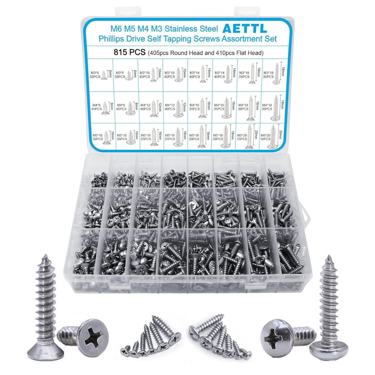 M6 M5 M4 M3 Wood Screws Assortment Kit,815pcs Metric Stainless Steel Assorted Self Tapping Screws Set Truss Flat Pan Head Phillips Drive Drilling for Deck Drywall Concrete Sheet Metal