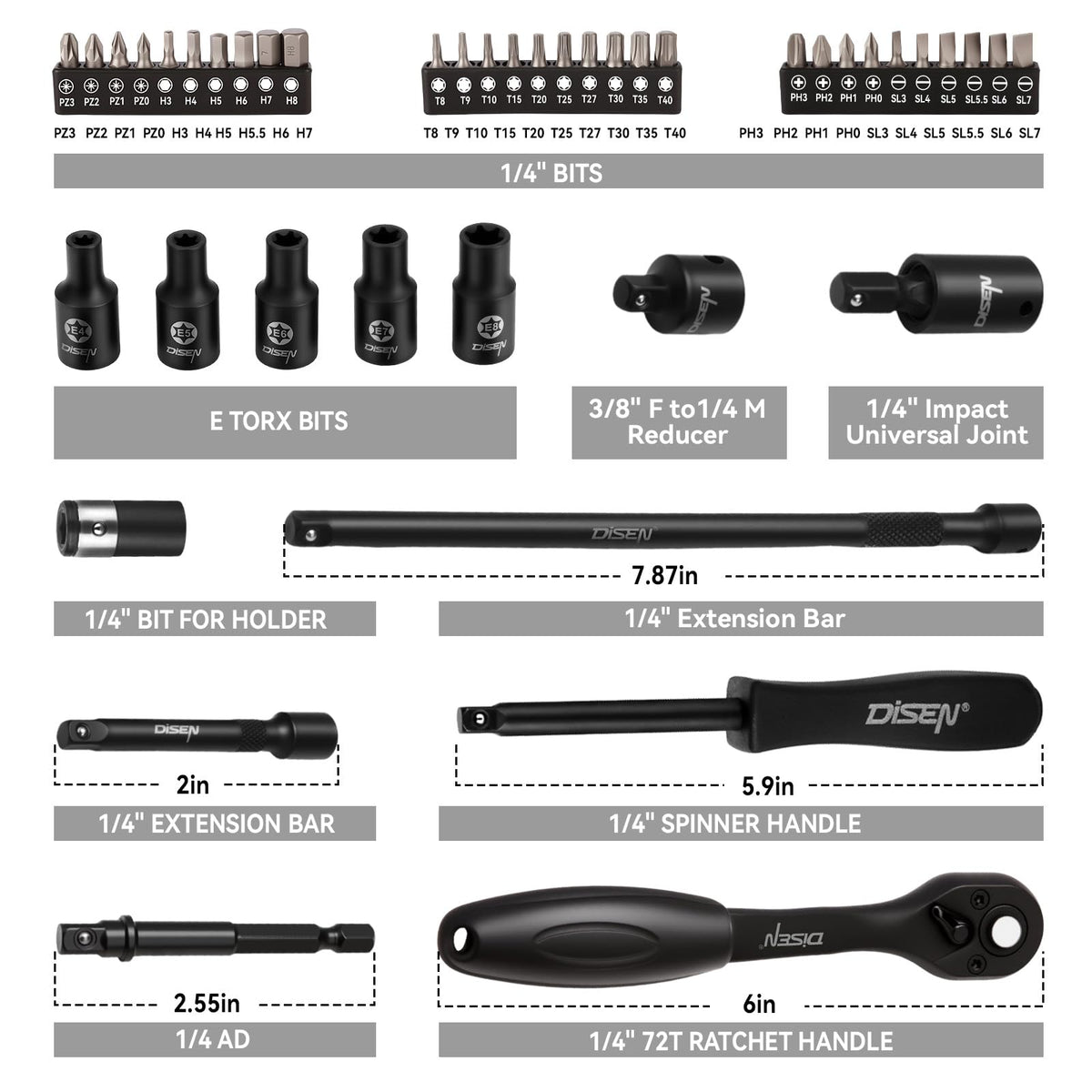 DISEN 94 PCS 1/4" Drive Impact Socket Set