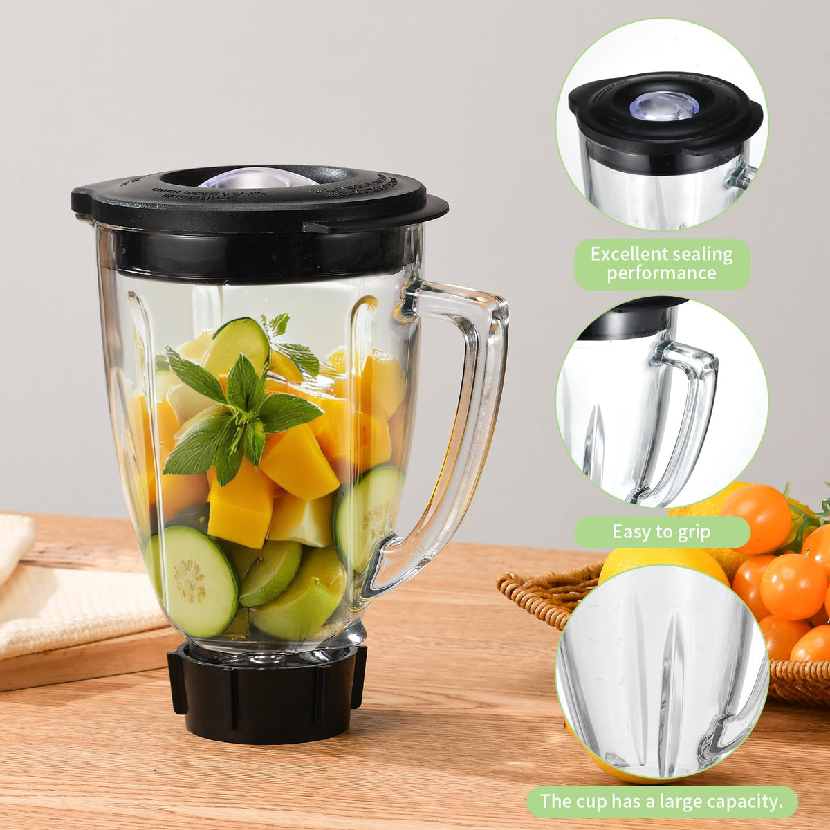 6 Cup Blender Glass Jar with Blade，Including 1 glass jar with lid 1 4fins blade 1 blender jar base 3pcs seal gasket. Replacement Parts for Oster Osterizer (NOT fit Pro, Master or Versa models)
