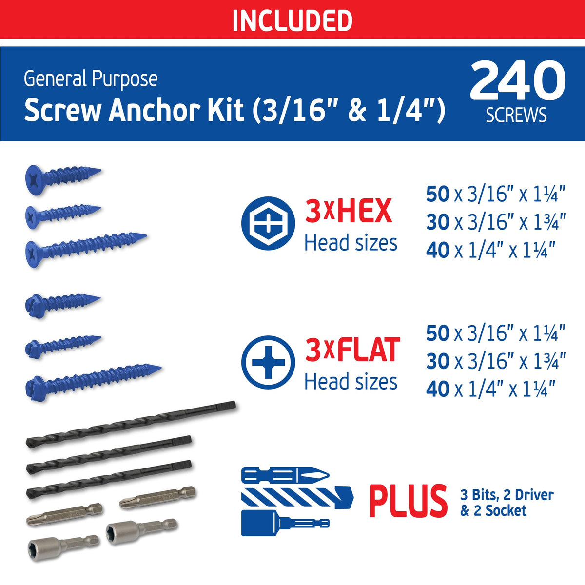 Blue Concrete Screws Multi Purpose Mix Kit - 240 pcs (3/16x1-1/4, 3/16x1-3/4 & 1/4x1-1/4) w/ 2 Sockets & 3 Concrete Drill Bits - Masonry Screws & Anchors for Concrete, Masonry, Wood & Brick