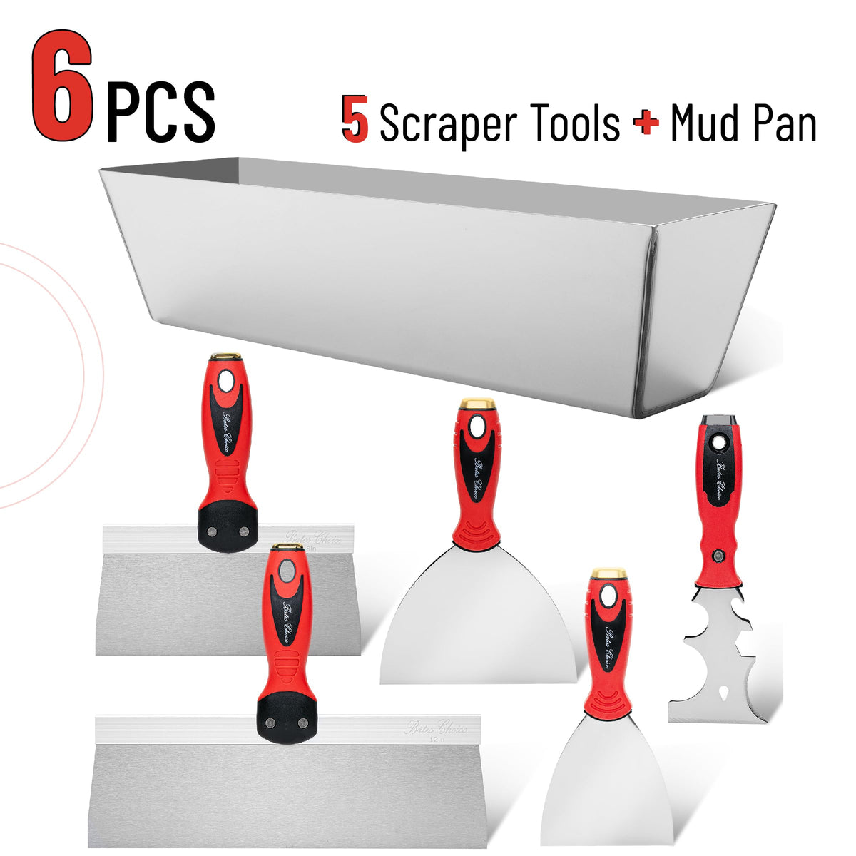 Bates Drywall Knife Set - 6pcs, Finishing Tools with Mud Pan & Spackle Knives