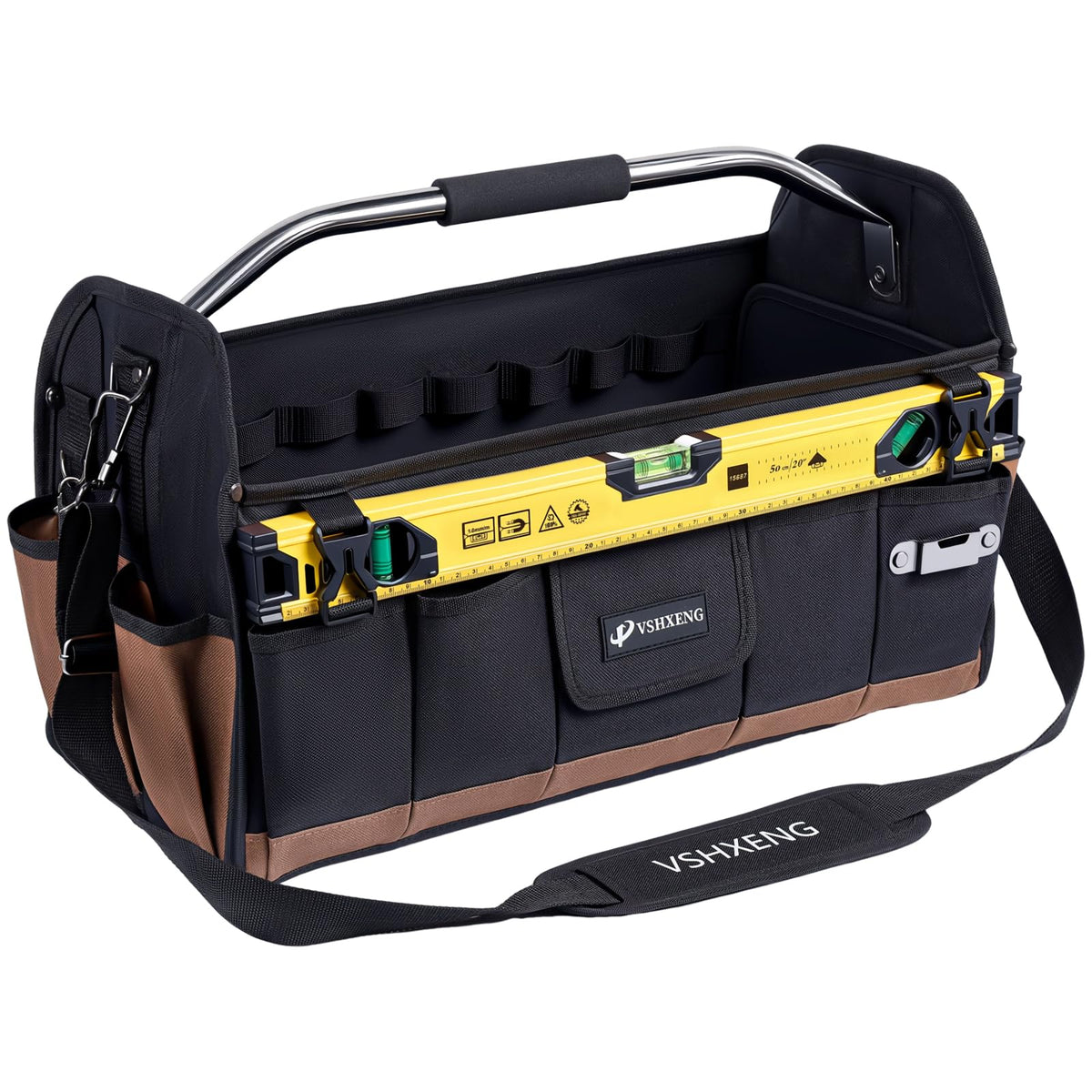VSHXENG 20 Inch Tool Bag, Foldable 19 Pockets Tool Tote Bags with Tool Organizer with Adjustable Shoulder Strap, Easy Carry and Easy Tool Access Open Top Tool Bag