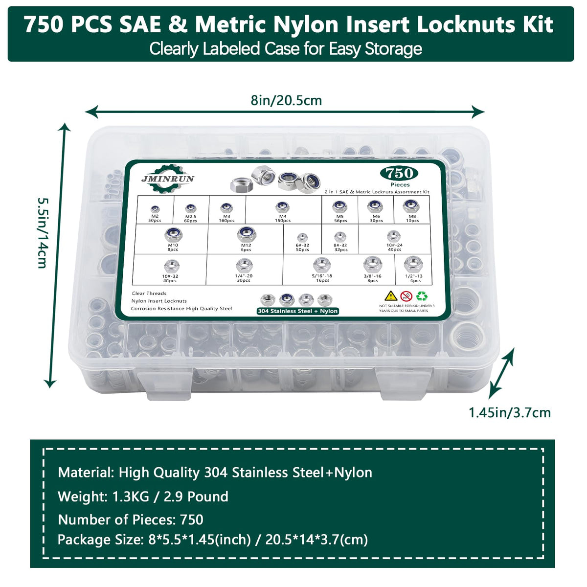 SAE & Metric Nylon Insert Lock Nuts Kit (750Pcs), Lock Nuts Assortment Kit
