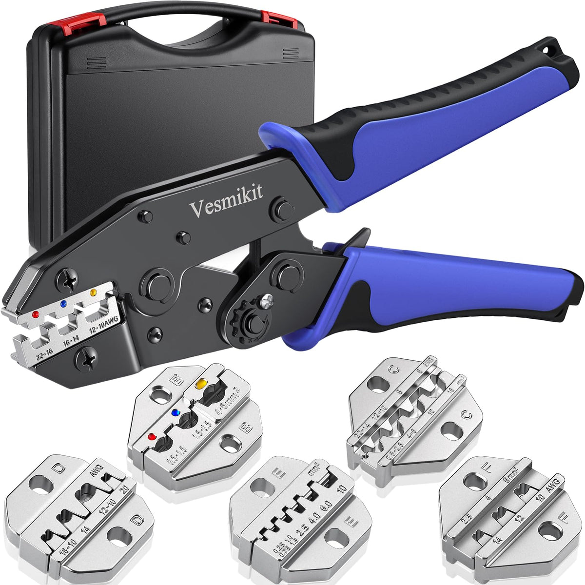 Crimping Tool Set 6PCS - Ratchet Wire Crimping Tool for Heat Shrink,Insulated Nylon,Non-Insulated,wire ferrules,Open Barrel Terminals,Solar Connectors - Crimper with 6 Interchangeable Die