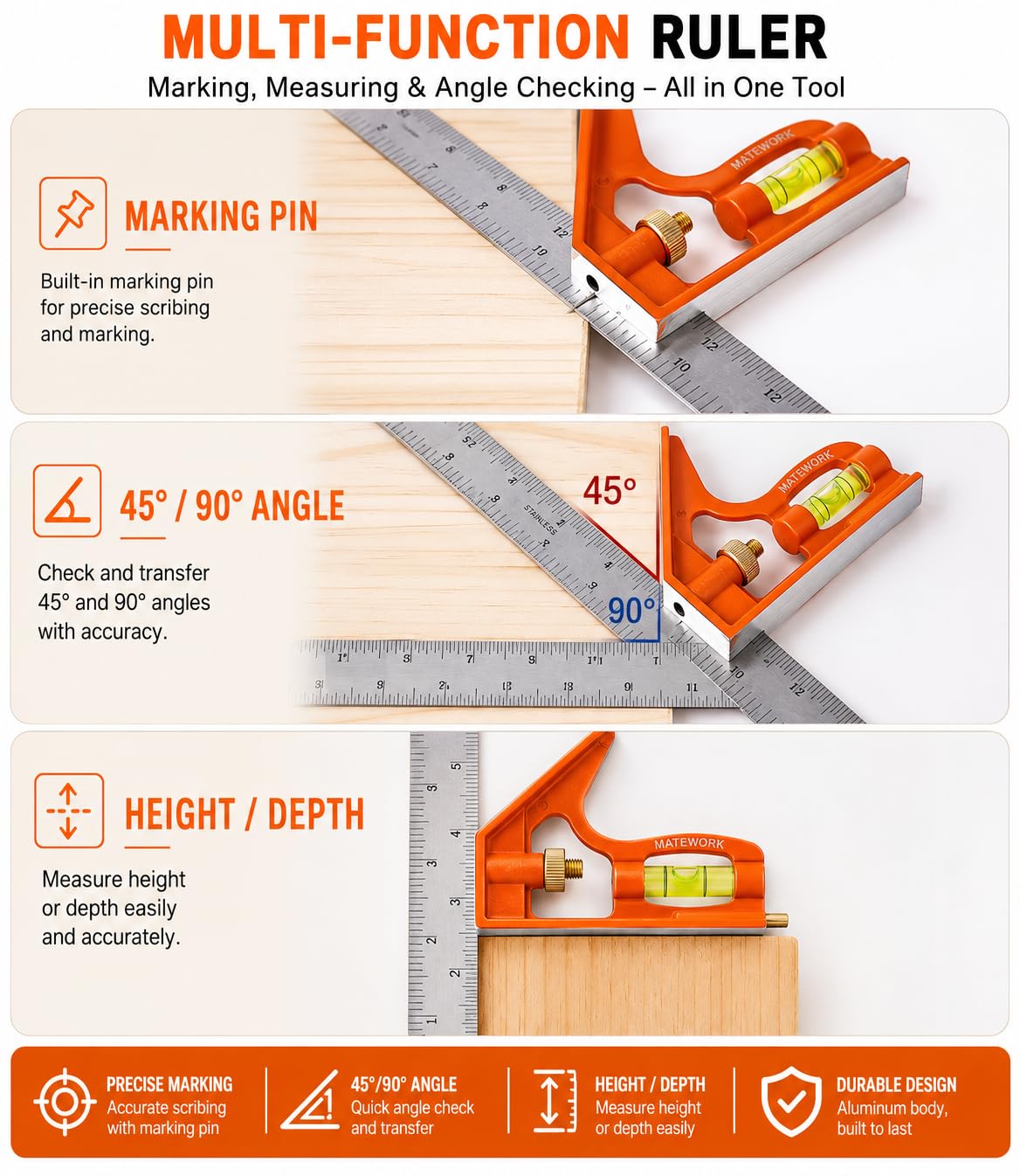 Matework Combination Square 7" 12" Carpenter Square Woodworking Carpentry