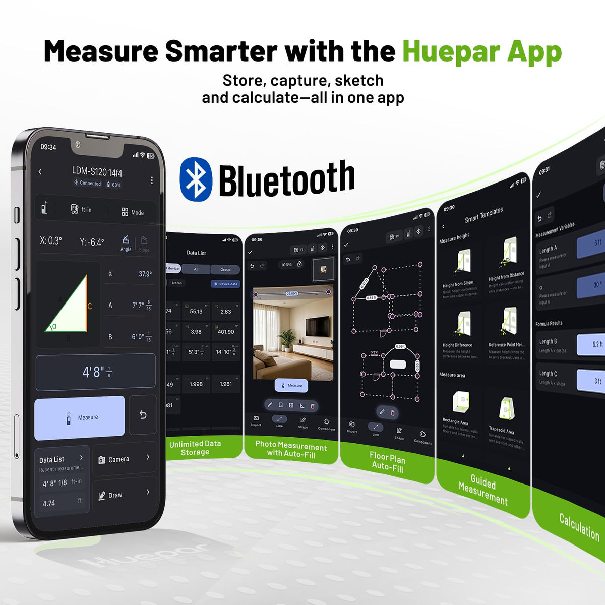 Laser Distance Measure 395 Feet with 60 Inch Tripod, Huepar Laser Distance Meter with Bluetooth & APP, Angle Sensor, 1/16in Accuracy Rechargeable Laser Measuring Tool, M/in/Ft Unit, Pythagorean Mode