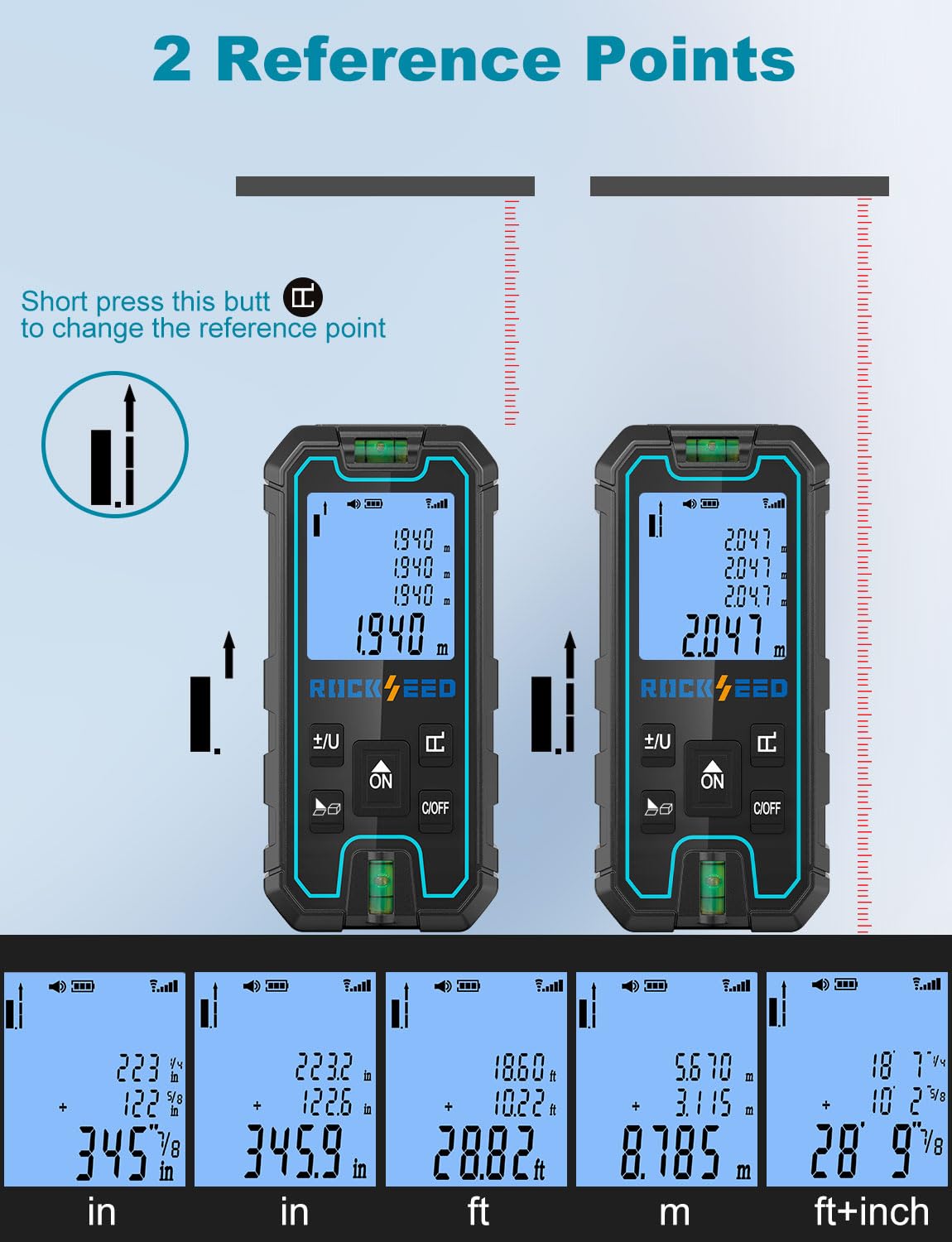 Laser Measuring Tool 165 Feet, RockSeed Portable Laser Measure, Digital Distance Measurement with 2 Bubble Levels, Laser Tape Measure with 5 Units Conversion (Blue)