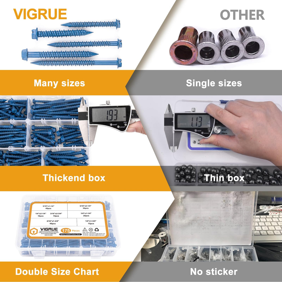 VIGRUE 175PCS Concrete Screws Assortment Kit 1/4" x 1-1/4" to 2-1/4" and 3/16" x 1-1/4" to 2-3/4" 175PCS Hex Head Cement Screws Set Diamond Point for Anchoring to Masonry, Block or Brick