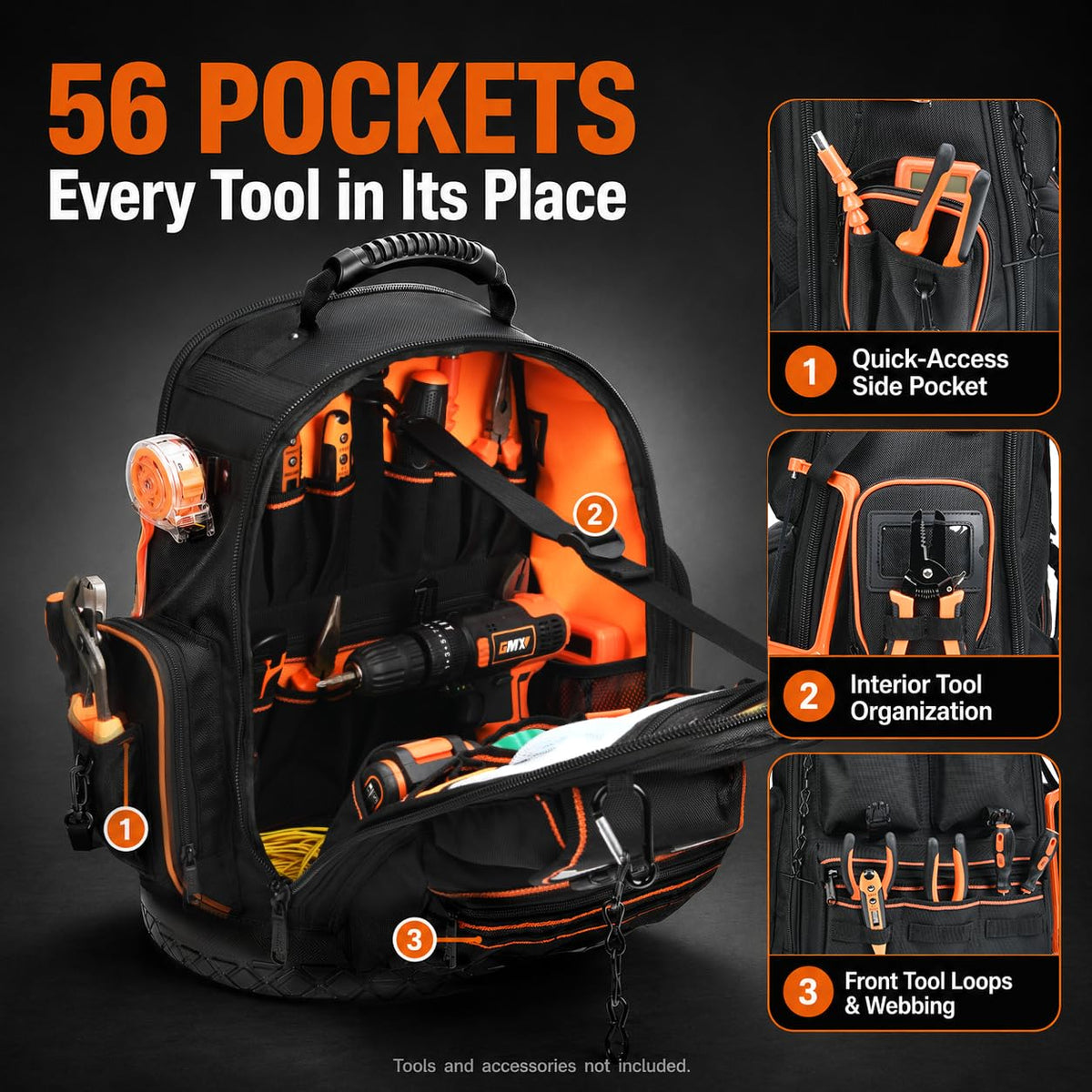 LOKASS Heavy Duty Tool Backpack, 18.5 in, 56 Pockets, Molded Bottom, Black