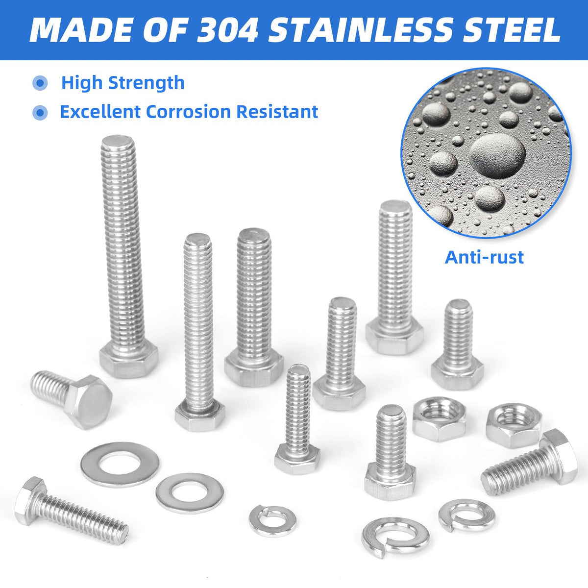 Besitu 252Pcs Hex Bolts and Nuts Assortment Kit, 1/4-20, 5/16-18, 3/8-16 Assorted Bolts Nuts and Washers Kit, 304 Stainless Steel Machine Screw Sets with Case