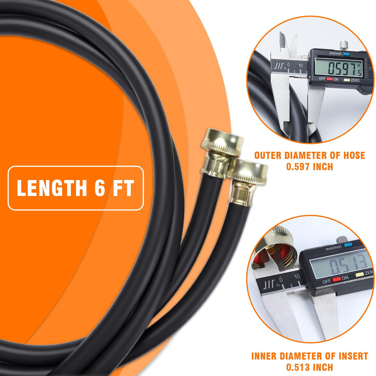 TTFLEX Washing Machine Hoses 6FT Rubber, 3/4" Hot 