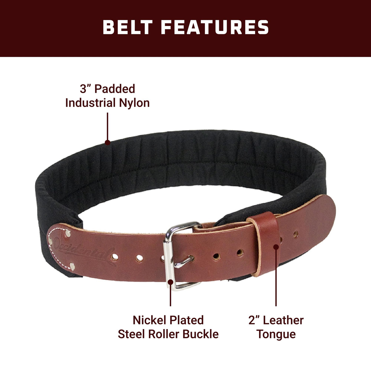 Occidental Leather 3" Leather & Nylon Tool Belt - Medium - 3” Wide Padded with Steel Roller Buckle - Made in USA