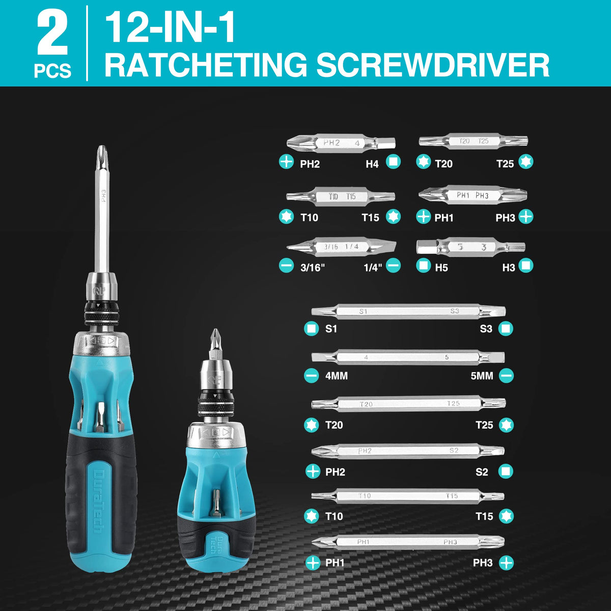 DURATECH 2PCS 12-in-1 Ratcheting Screwdriver Set, Multi-bit Screw Driver