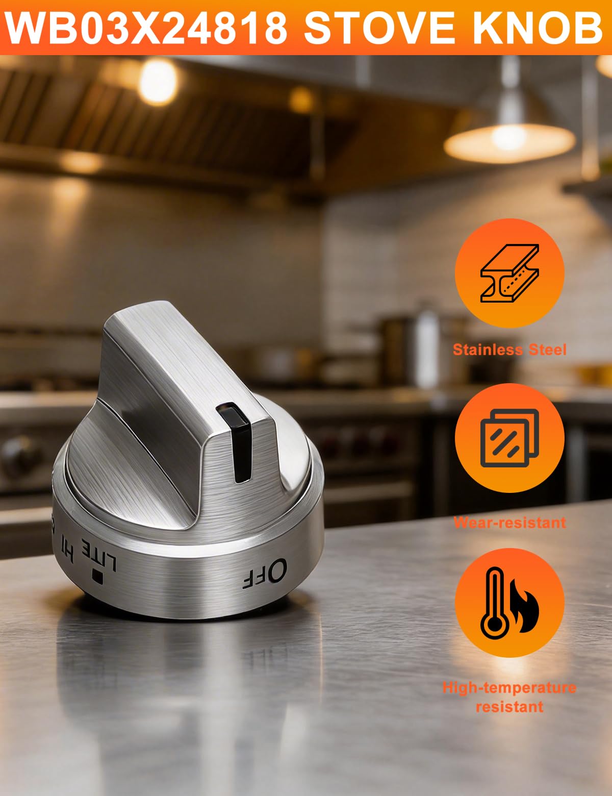 Stainless Steel WB03X24818 Gas Stove Knob for GE Gas Range, Compatible with JGB64, JGB66, JGB70, JGB72, JGB73, JGB86, JGBS6, JGBS8 GE Adora Series, Replaces PS11729081-5 Packs (1 Year Warranty)