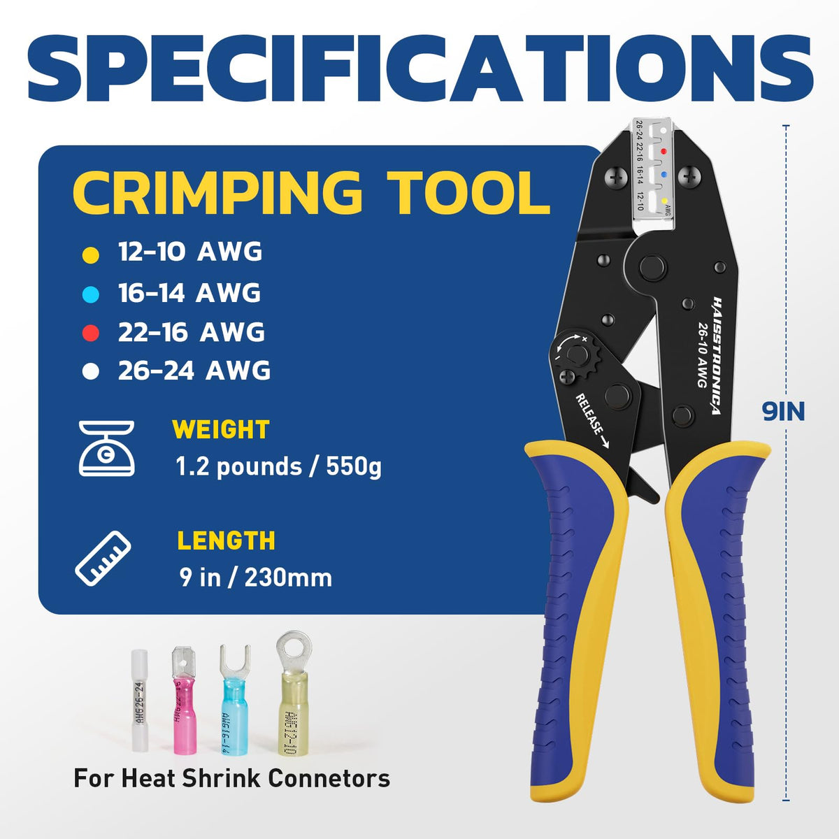 haisstronica Crimping Tool for Heat Shrink Connectors, AWG 26-10, HS-8327
