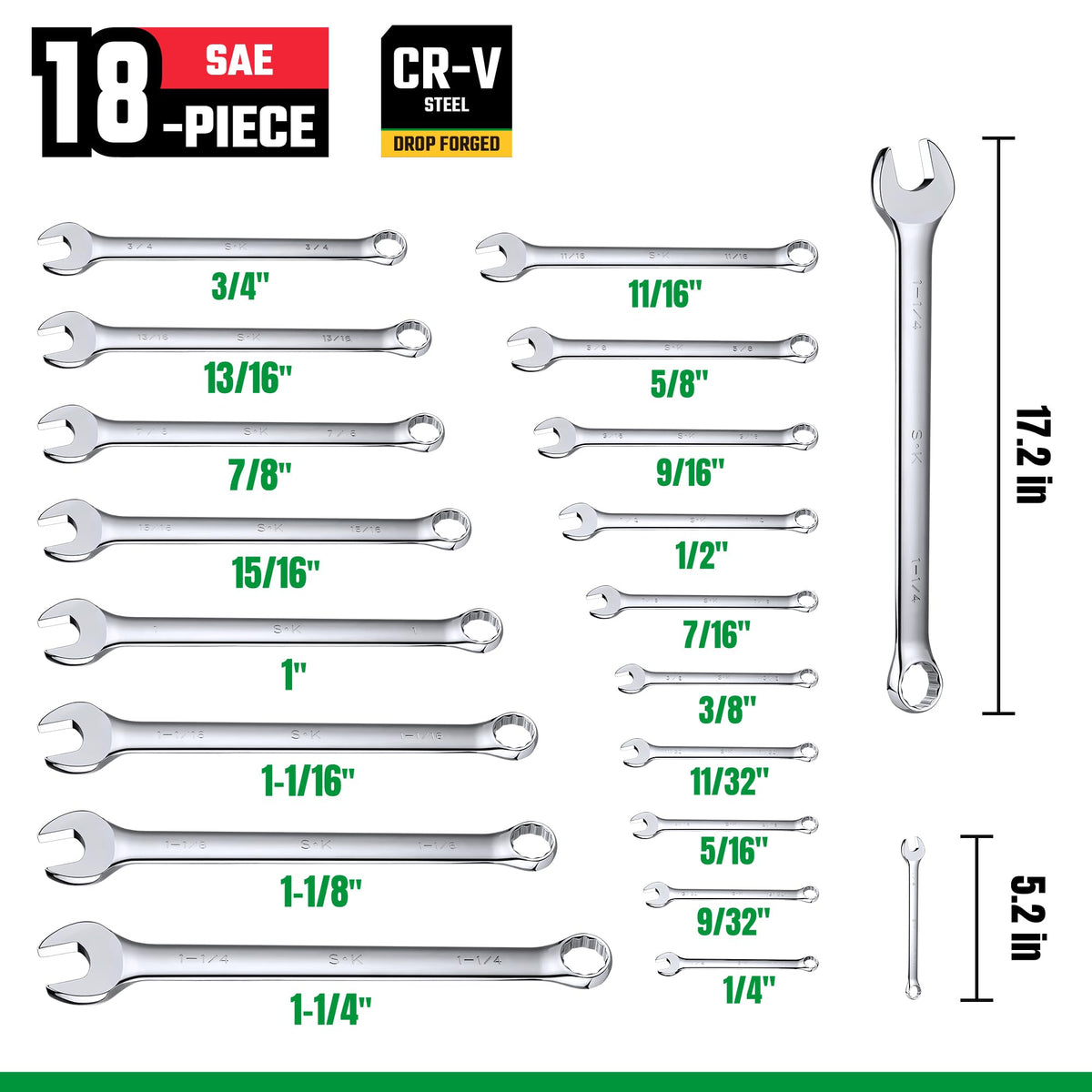 SK Combination Wrench Set, SAE 1/4" to 1-1/4", 18-Piece, Premium CR-V Steel