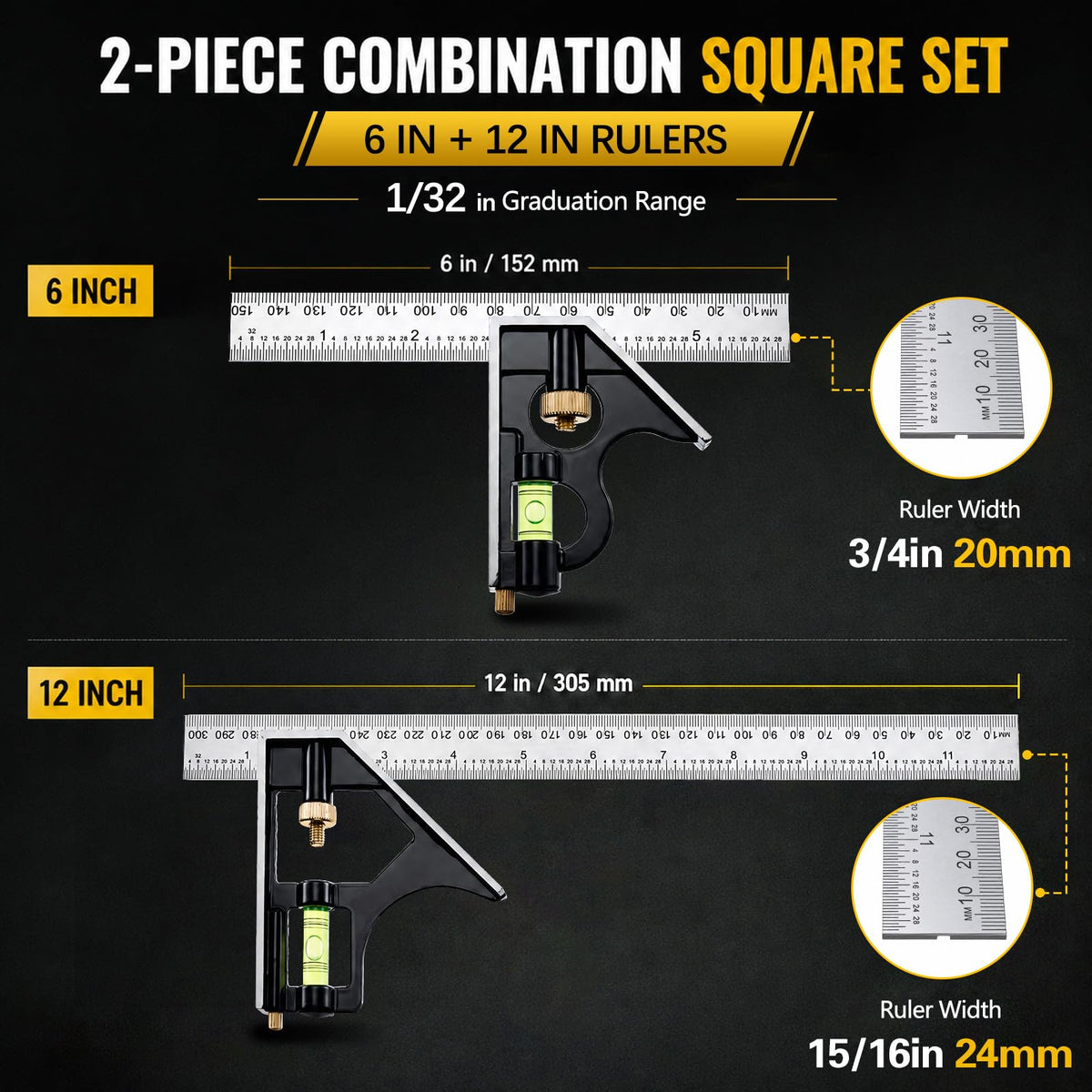 2 Pcs 6 In&12 in Combination Square Adjustable, In, cm