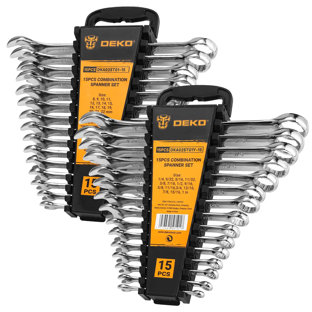 DEKOPRO Combination Wrench Set, SAE&Metric, 30-piece, 1/4'' to 1'' & 8-22mm, 12-Point, Chrome Vanadium Steel, with Plastic Tray