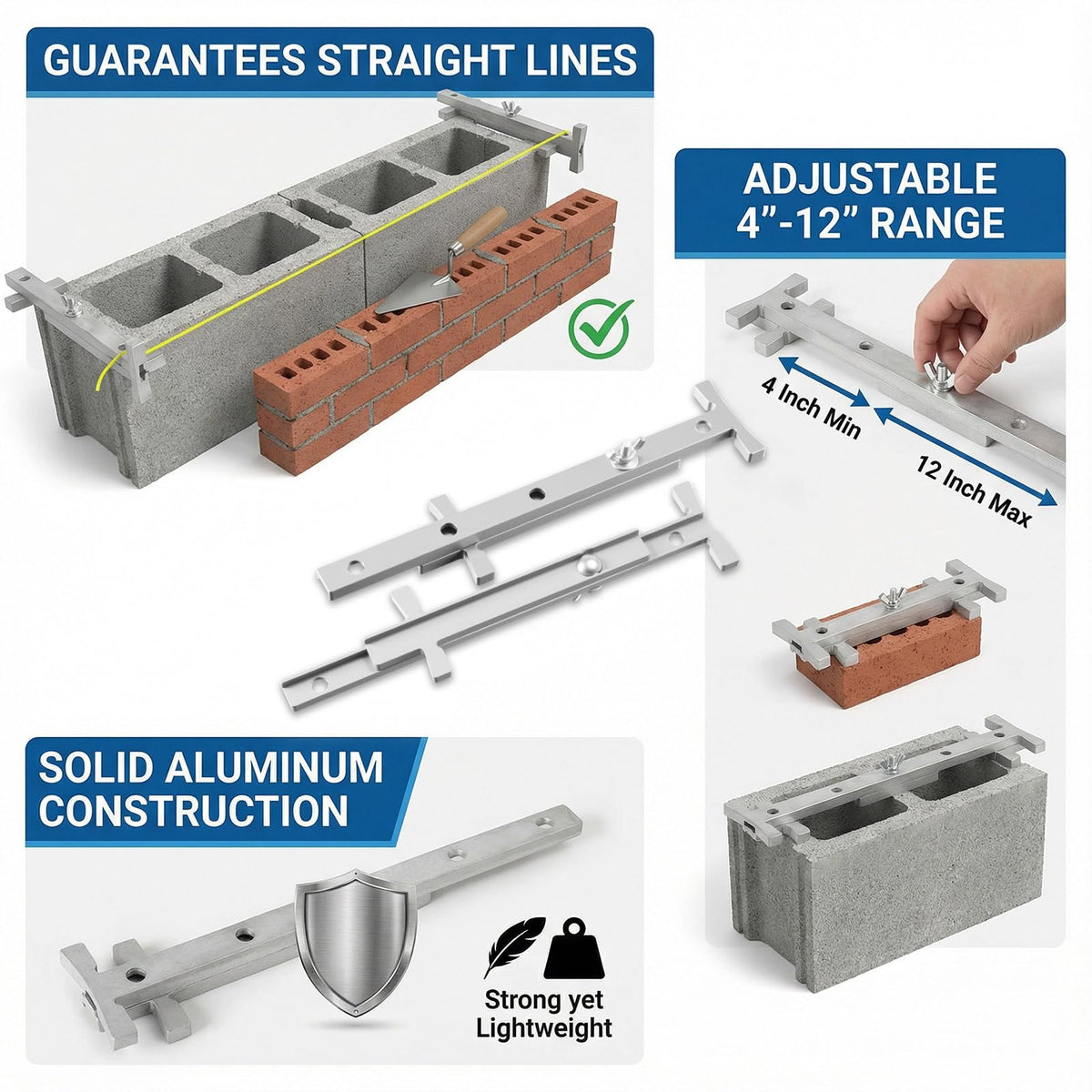 DoubleFill 2 Pair Aluminum Line Stretchers Adjustable 4-12 Inch, Heavy Duty Sliding Blocks for Masonry Tools, Line for Bricklaying (Natural)