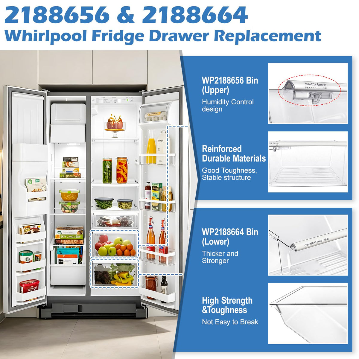 UPGRADED 2188656 Upper Refrigerator Crisper Bin & 