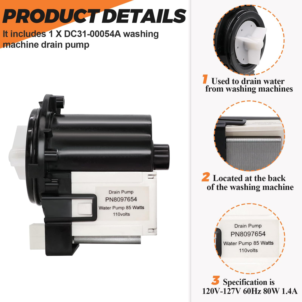 【2026 UPGRADED】DC31-00054A Washer Drain Pump Water Motor Assembly (85 Watts 110 Volts) by Beaquicy - Replacement for Ken-more Sam-sung Washing machine - Replaces DC31-00016A AP4202690 62902090