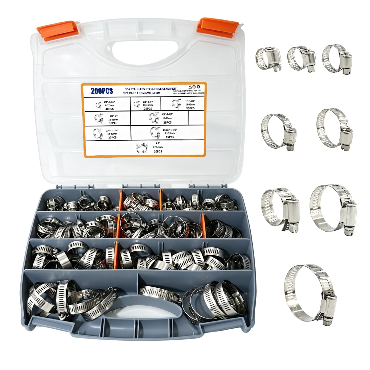 NRNBDG 304 Stainless Steel Hose Clamps Assortment Kit 200PCS, Adjustable Worm Gear Hose Clamps Sizes 1/4 Inch to 2 Inch (6-51mm) for Plumbing, Automotive, Marine, Fuel Line, Silicone Hose
