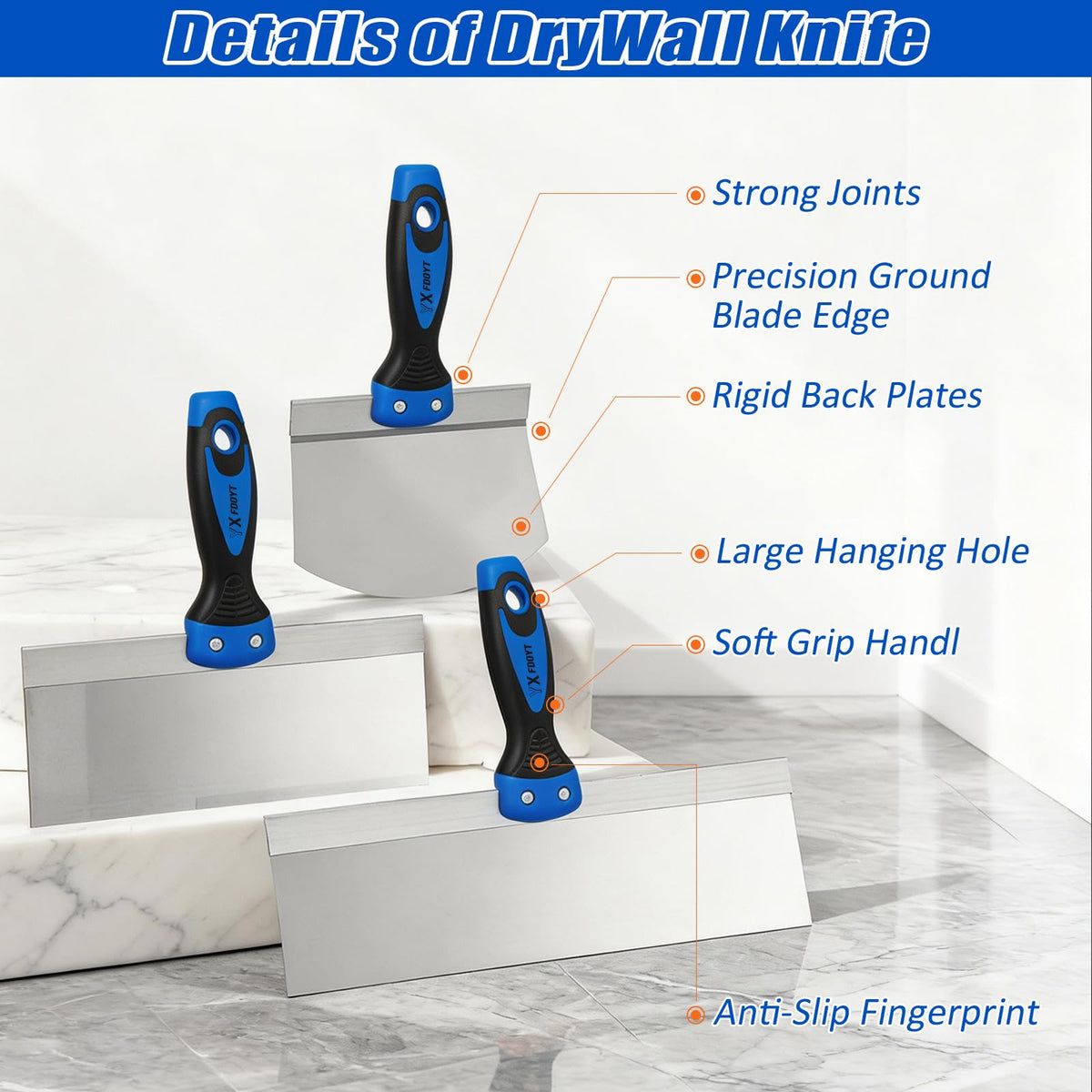 YXFDOYT 16Pcs Drywall Knife Set with 14"Drywall Mud Pan & Bag, Blue