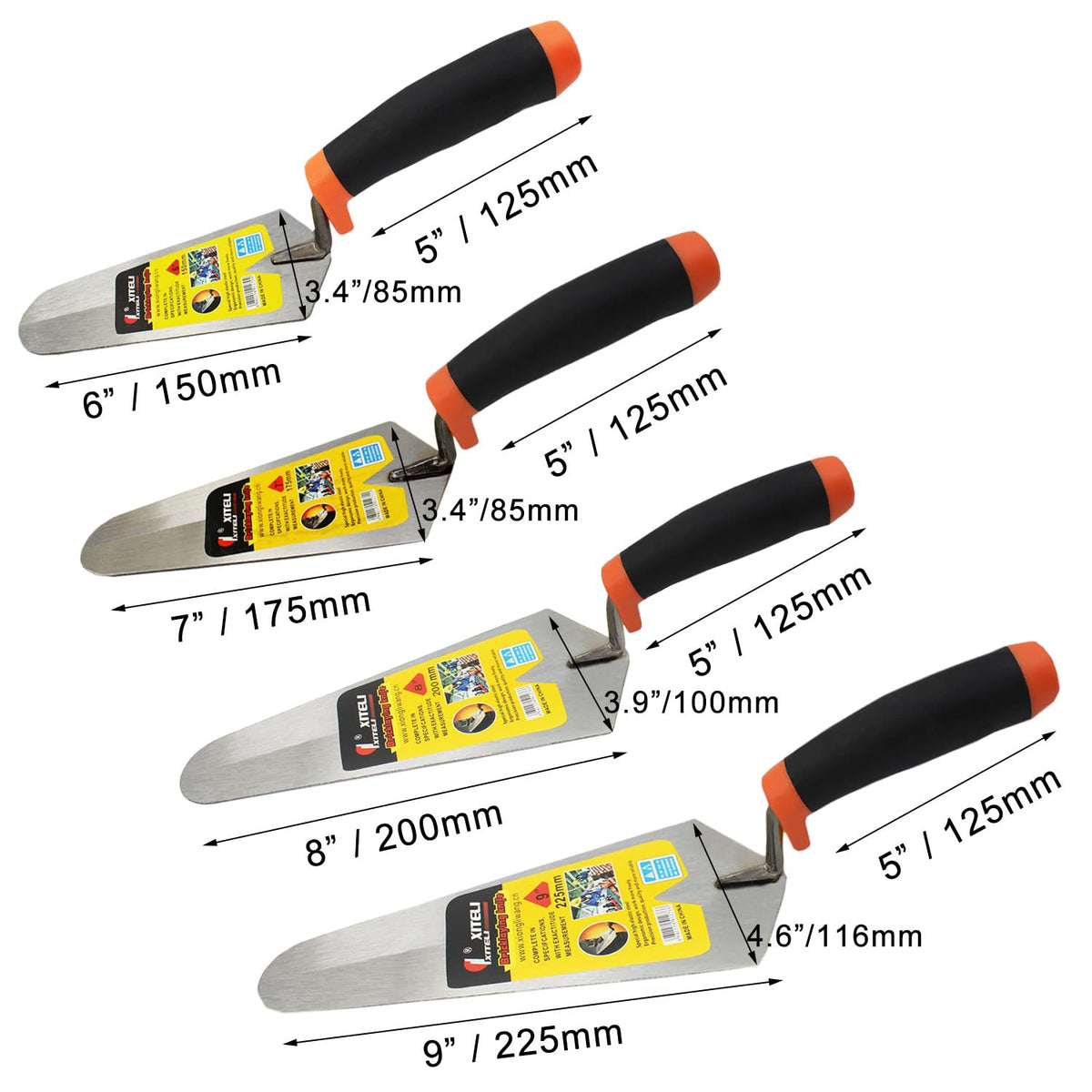 ESreake 4-Pack Gauging Trowel Set, 6" & 7" & 8" & 9" Gauging Trowel Set Pointing Trowel Set with Soft Grip,Masonry Hand Tool for Brickwork, Blockwork, Stonework, Masonry ﻿ (Rounded End)