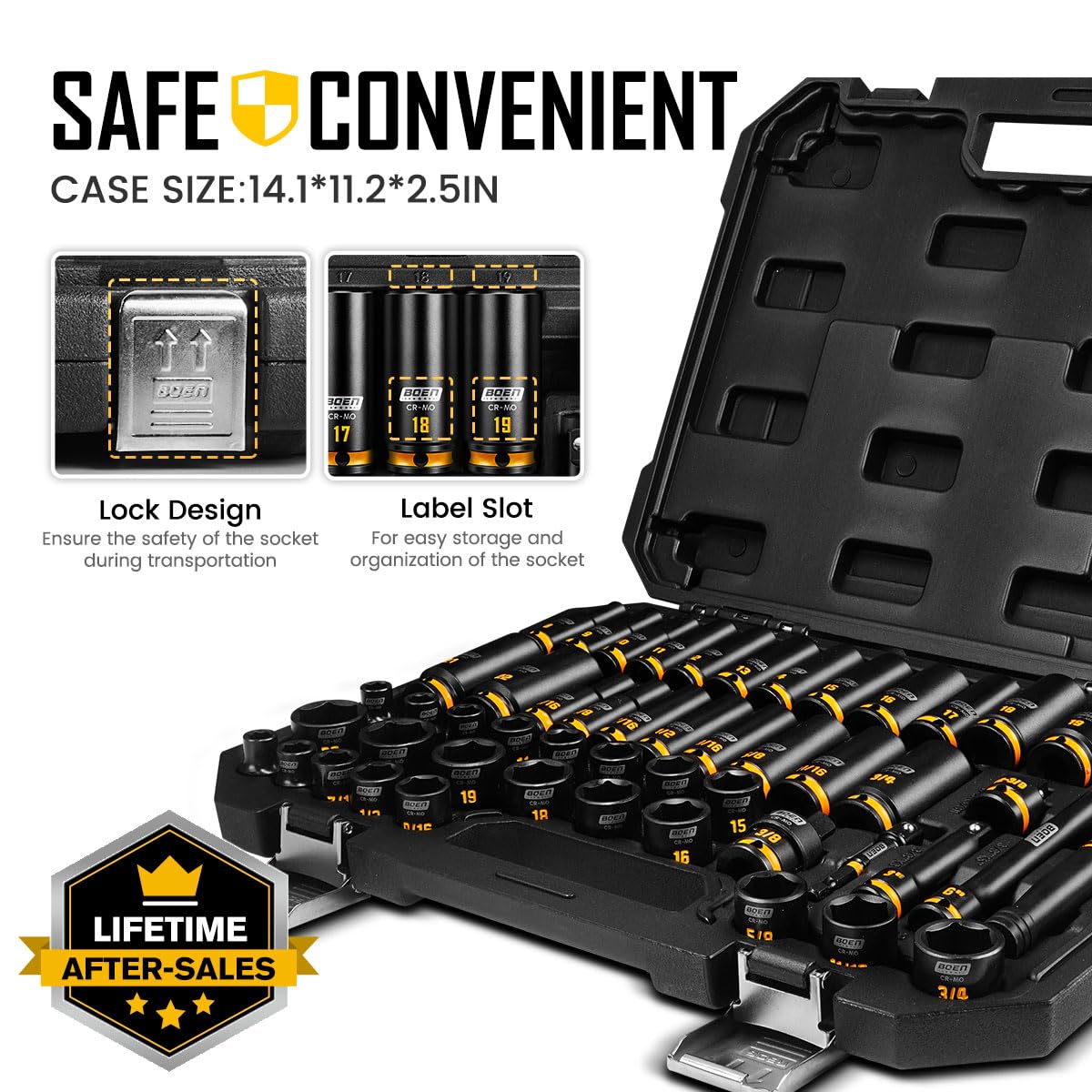 boen 3/8'' Drive Impact Socket Set, 50PCS Standard SAE (5/16 to 3/4 inch) and Metric (8mm-22mm), Deep & Shallow Size, 6-Point with Yellow Embossed Marking, CR-MO