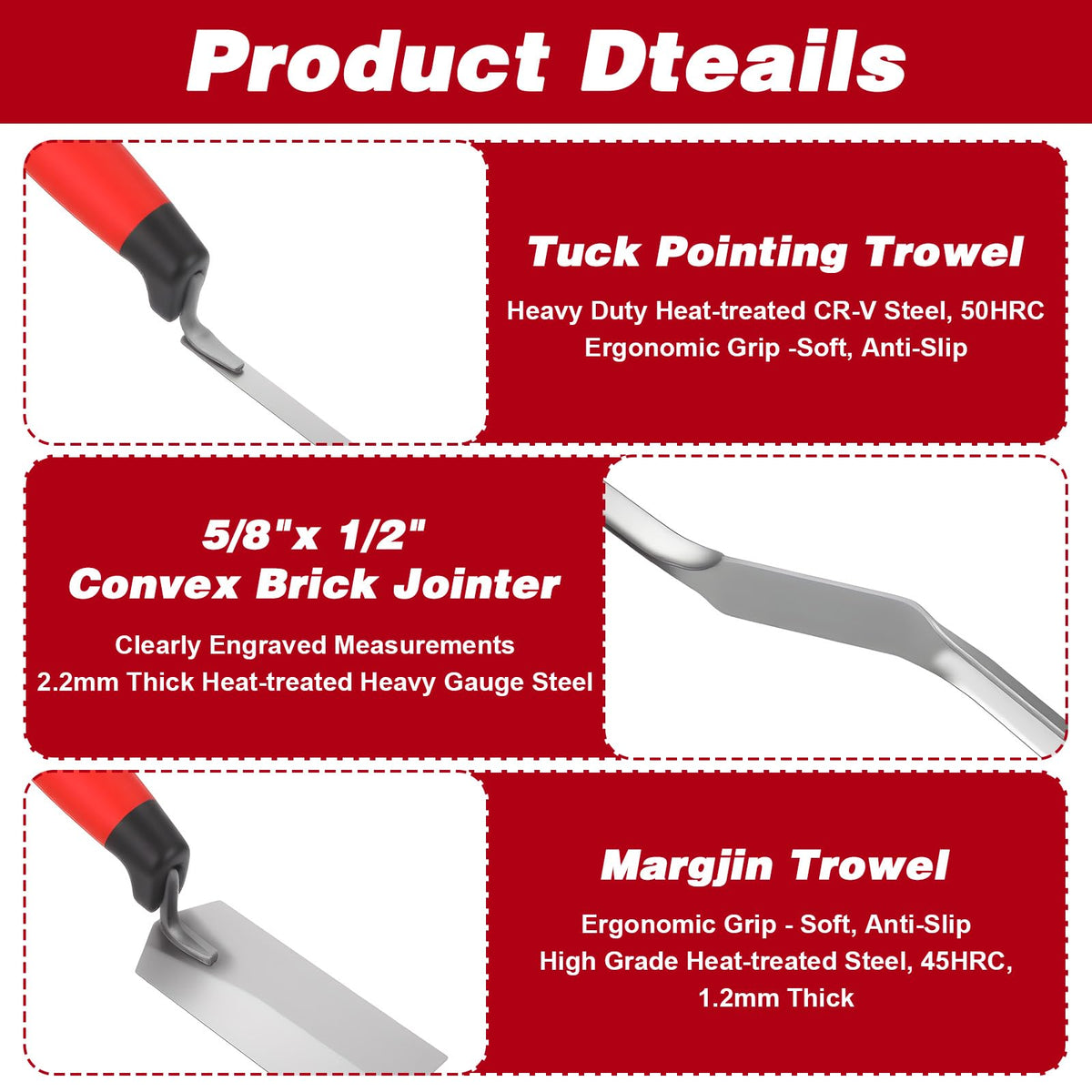 6 Pcs Masonry Hand Tool Set - 11" x 5-1/2" Philadelphia Brick Trowel, 2 Pcs Pointing Trowel, 5" x 2" Margin Trowel, 1/2" Tuck Pointing Trowel, 5/8” x 1/2” Convex Brick Jointer