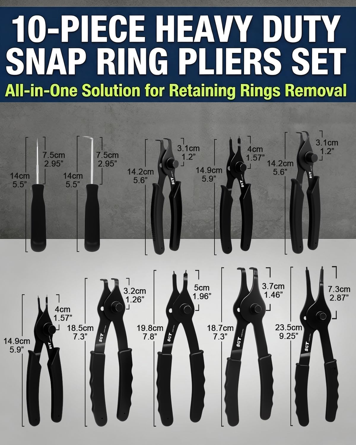 SGT 10pcs Snap Ring Pliers Set, Internal and External Circlip Pliers