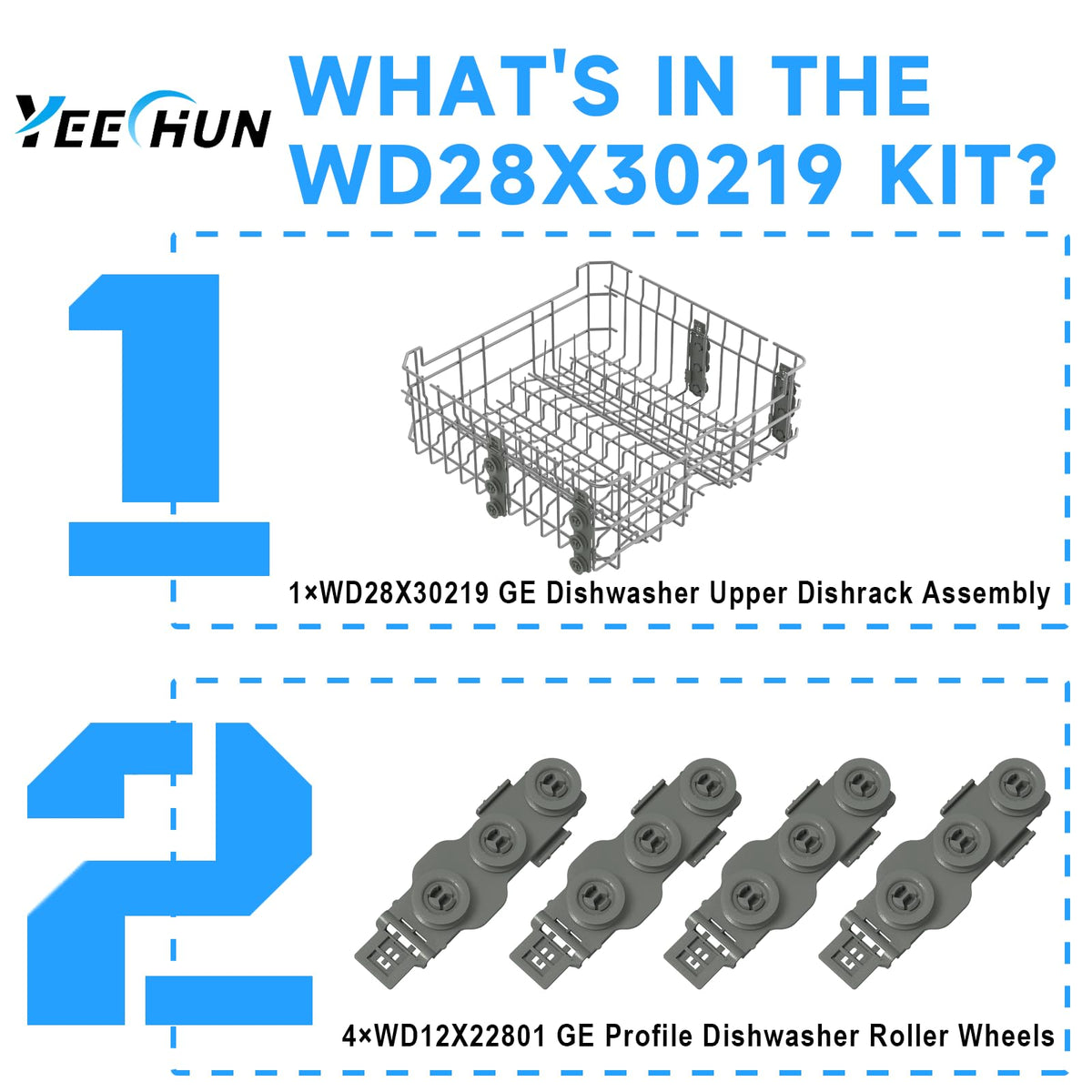 WD28X30219 WD28X35779 Upper Dishrack for Ge Dishwasher Rack Replacement WD28X24397 WD28X26098 Dishwasher Top Rack Replacement with Roller Wheels,GE GDT535PSM0SS GDT550PYR0FS Dishwasher Upper Rack