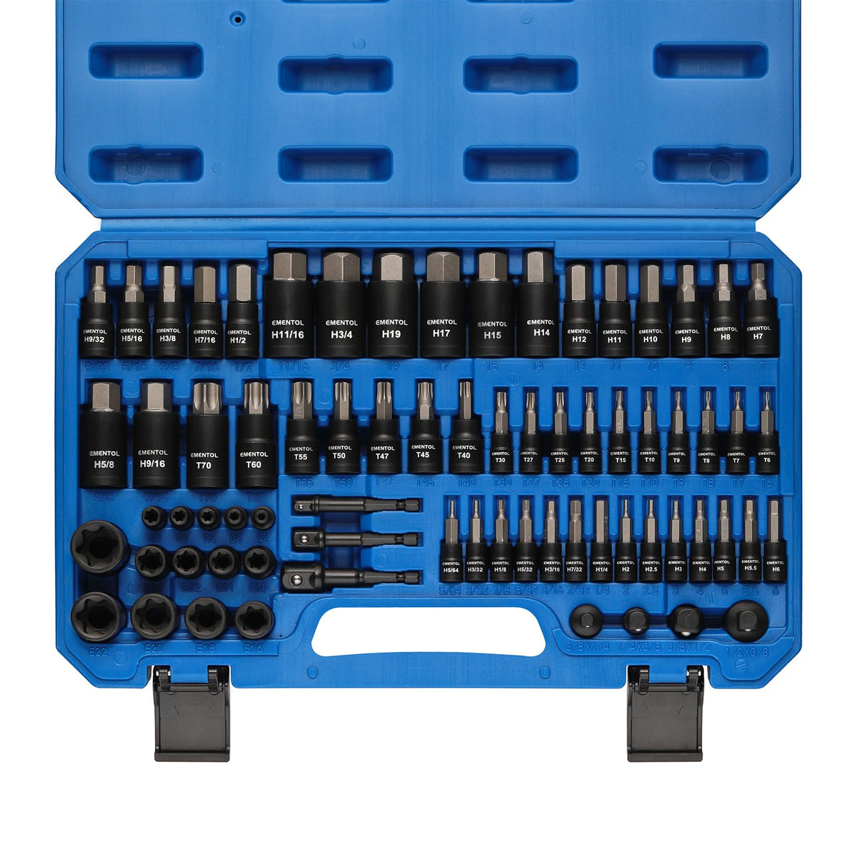 EMENTOL 71-Piece Torx Bit & Hex Bit Socket Set, Master SAE/Metric Bits, 1/4", 3/8" and 1/2" Drive, S2 Alloy & CR-V Steel, Includes External Torx E4-E24, Socket Adapter & Drill Adapter