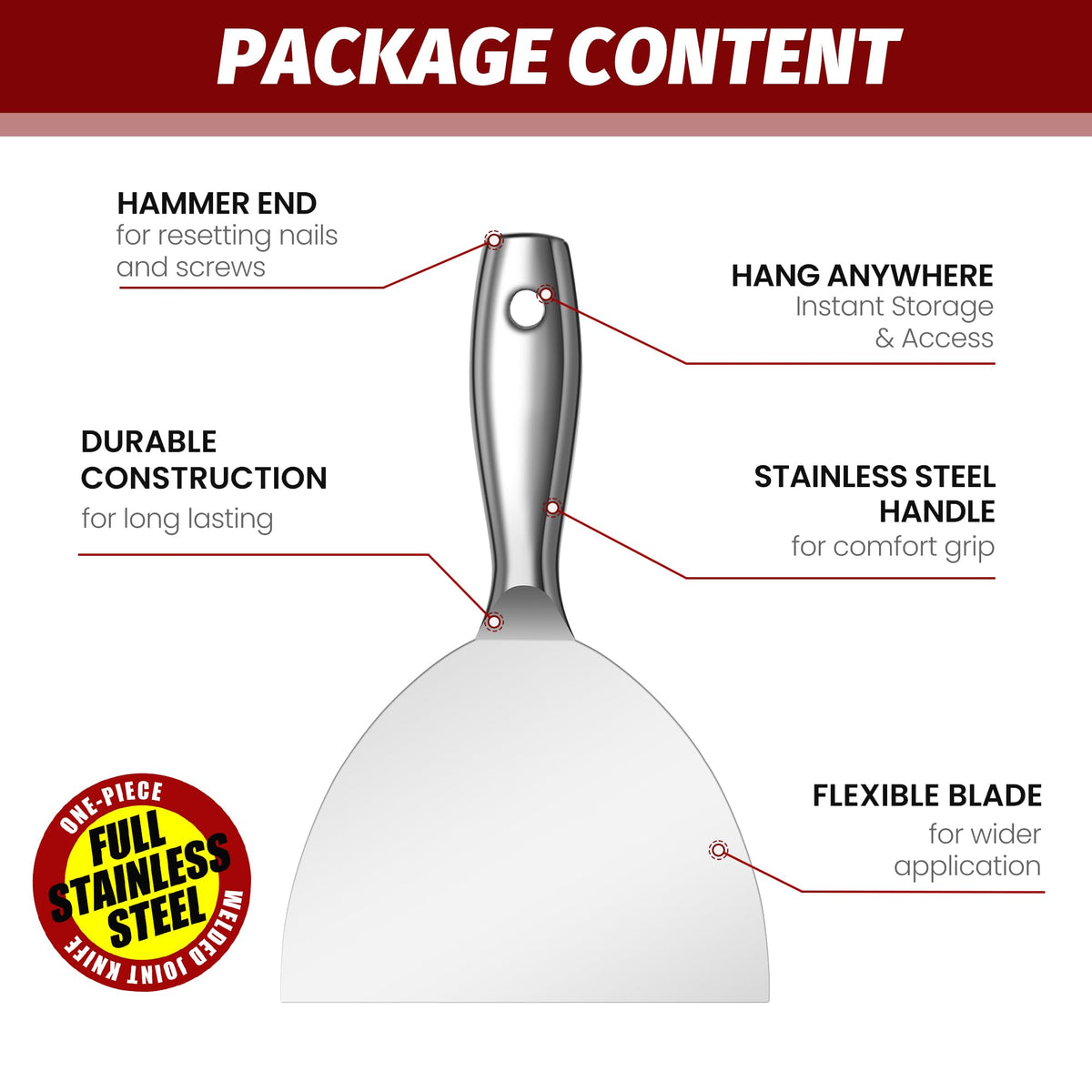 SUMED Putty Knife Set, 2/3/4/6in All-Stainless Steel Scraper Tools, 4PCS