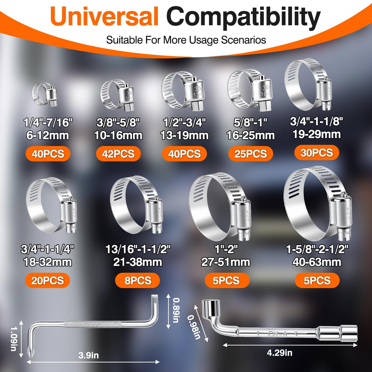 KELIN 217PCS Hose Clamp Kit 304 Stainless Steel 9 Sizes 1/4"-2-1/2"