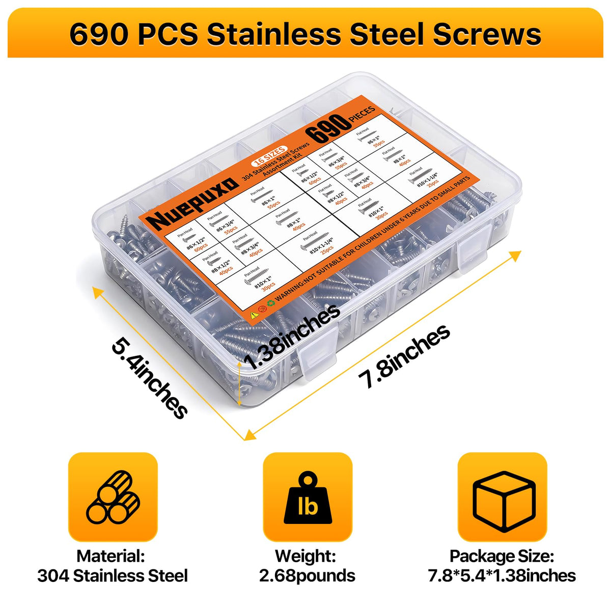 Nuepuxo 690PCS Wood Screws Assortment Kit, 304 Stainless Steel Screws