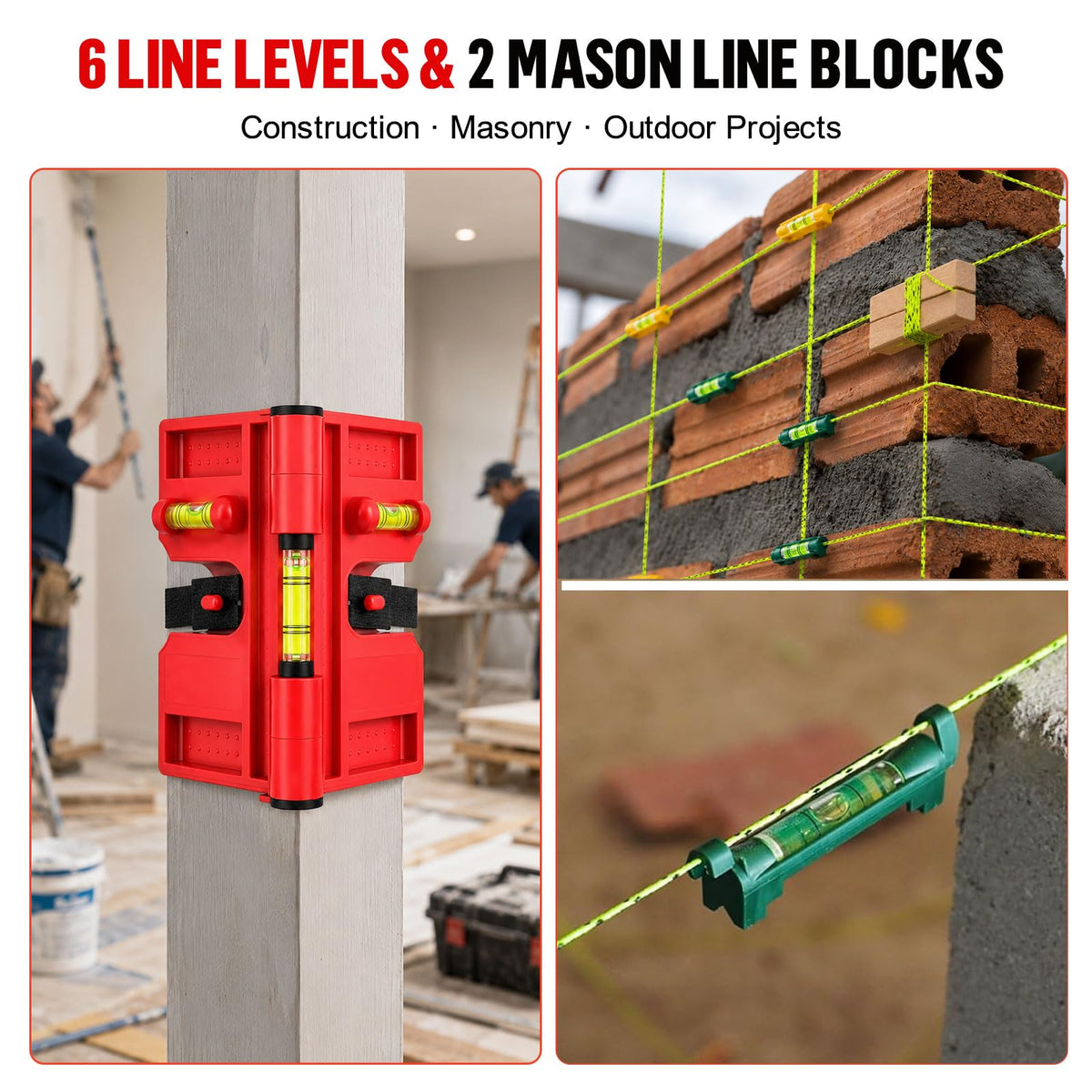 Mason Line String Kit with Adjustable Magnetic Post Level – Includes 6 hanging line levels, 2 rolls 540FT #18 mason line & reel, 2 beech wood blocks. Works on metal & non-metal posts. High visibility.